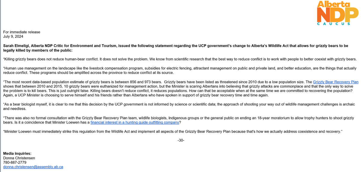Sarah Elmeligi, MLA Banff-Kananaskis (@elmeligisarah) on Twitter photo They might not be calling it a "hunt", but recent moves by <a href="/dtloewen/">Todd Loewen</a> allow for public killing of bears. This won't resolve conflict. It will result in more dead bears. There is no data to support this and it goes against the Provincial Grizzly Bear Recovery Plan. They might not be calling it a "hunt", but recent moves by <a href="/dtloewen/">Todd Loewen</a> allow for public killing of bears. This won't resolve conflict. It will result in more dead bears. There is no data to support this and it goes against the Provincial Grizzly Bear Recovery Plan.