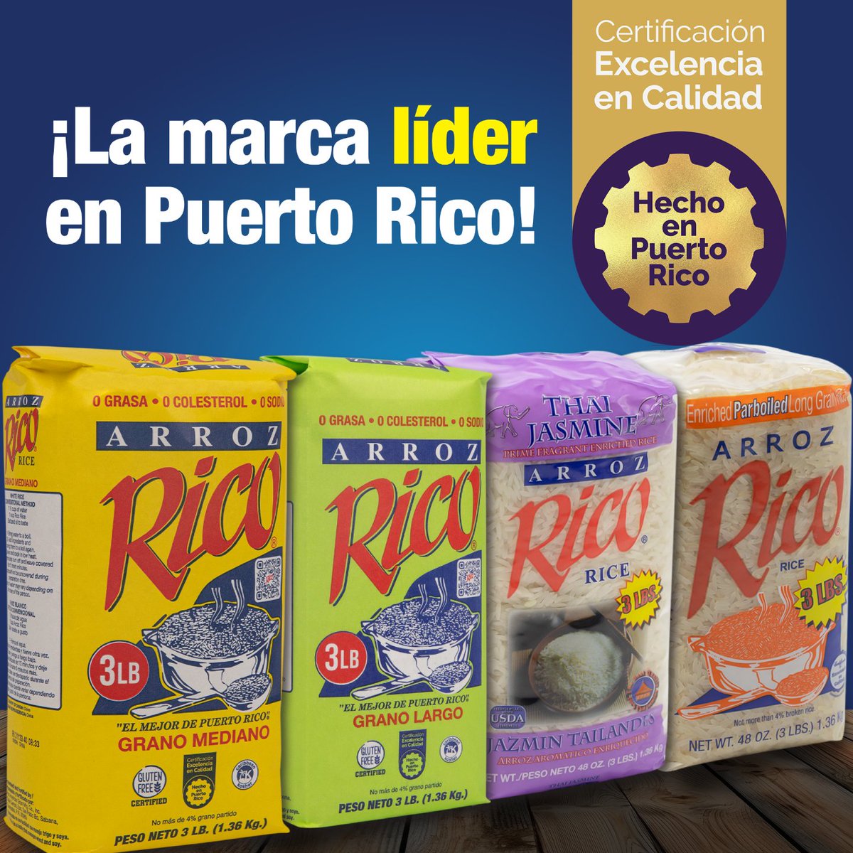 Orgullosamente la marca líder en Puerto Rico con certificación de excelencia en calidad por Hecho en Puerto Rico. 🌟🇵🇷 
Disfruta del sabor auténtico que nos distingue. #ArrozRico #OrgulloBoricua