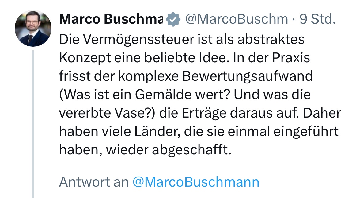 Das Manager-Magazin macht jedes Jahr in paar Tagen Recherchearbeit die aktualisierte Reichenliste für Deutschland und die FDP will überfordert sein indem sie Vasen zu Bares-für-Rares schleppt. Komplett lächerliches Argument. Komplett lächerlicher Verein.

#Vermoegenssteuer #FDP