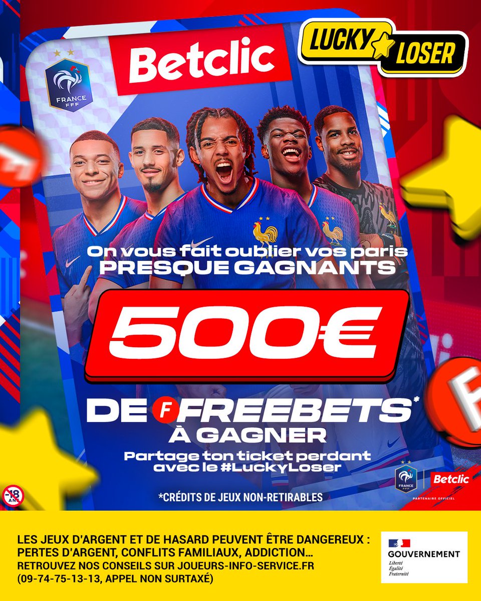 Betclic's tweet photo. 😢 Ça va être compliqué de dormir paisiblement... On a un petit #LuckyLoser pour se consoler 🍀

20 x 25€ de Freebets à gagner 🤝

RT + partage un screen de ton pari perdant avec le #LuckyLoser pour participer 👌 https://t.co/ooAxUJnYb7