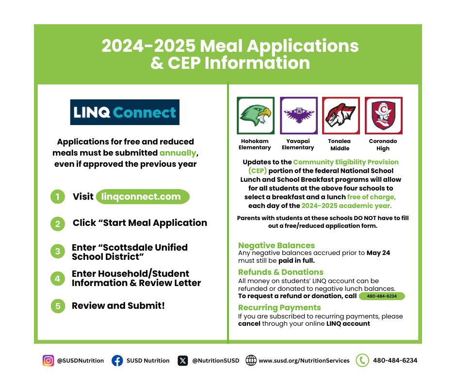 NutritionSusd's tweet photo. 2024-2025 Meal Applications are NOW OPEN!

Reminder: If your children attend Hohokam Elementary, Yavapai Elementary, Tonalea Middle School, or Coronado High School, please be aware that meals are provided at no cost without completing this application. https://t.co/SIvZhWWXwc