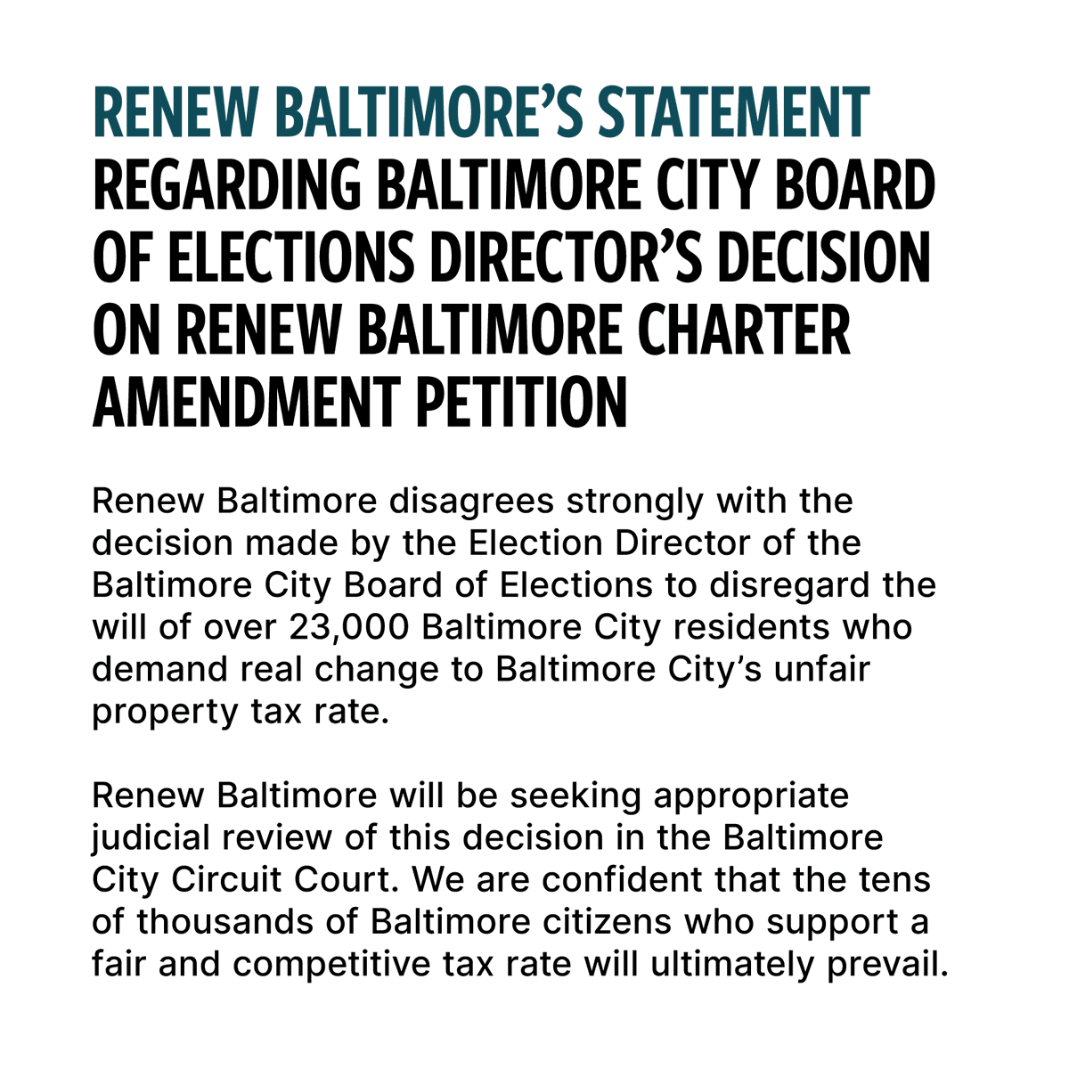 Renew_Baltimore's tweet photo. “Renew Baltimore disagrees strongly with the decision made by the Election Director of the Baltimore City Board of Elections to disregard the will of over 23,000 Baltimore City residents who demand real change to Baltimore City’s unfair property tax rate.” https://t.co/jI25Ga2SaS