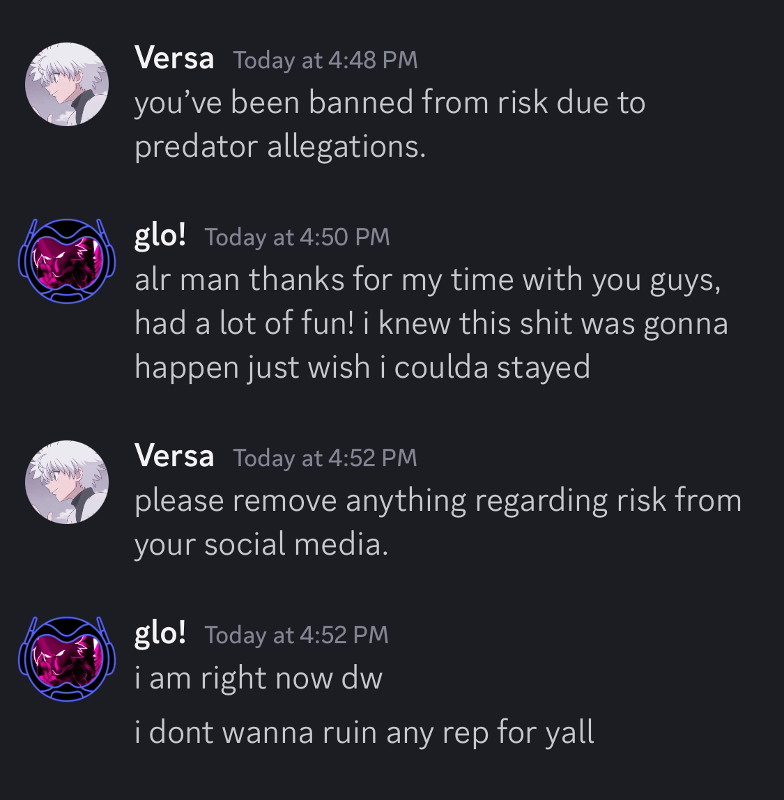 TeamRiskBH's tweet photo. Previous Risk Member ( glo! ), aka Synxifye’s alt account. Has now been permanently banned from Risk due to their Sexual Predator allegations. Thank you to the community for bringing this up to our organization. https://t.co/D2yWfYOW2r