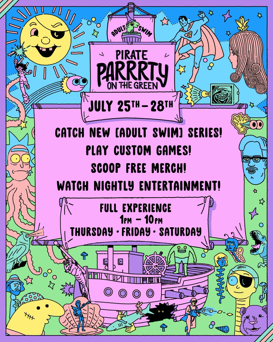 adultswim's tweet photo. Raise your flags. Adult Swim Pirate Parrrty at Comic-Con July 25-28 in San Diego CA #SDCC https://t.co/4NFdGfKmC8