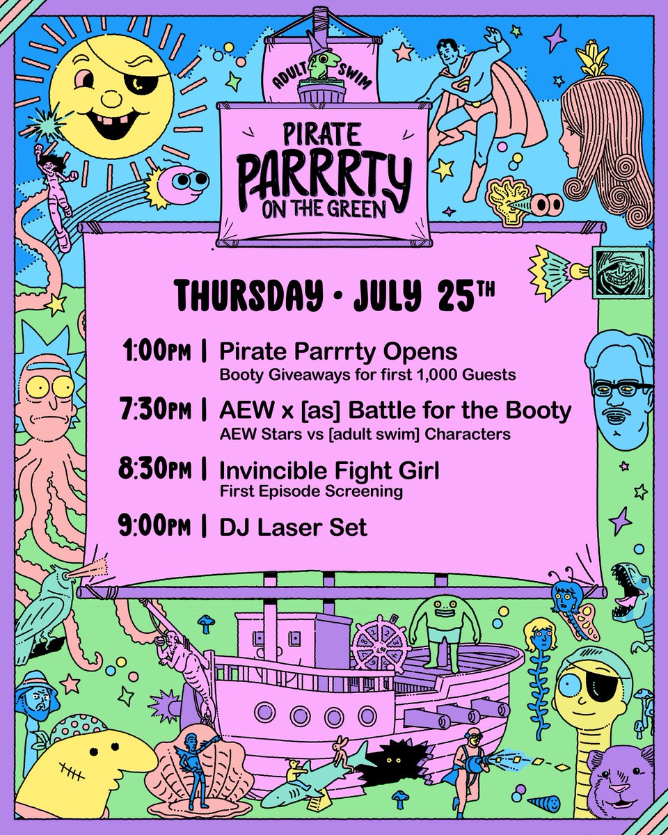 adultswim's tweet photo. Raise your flags. Adult Swim Pirate Parrrty at Comic-Con July 25-28 in San Diego CA #SDCC https://t.co/4NFdGfKmC8