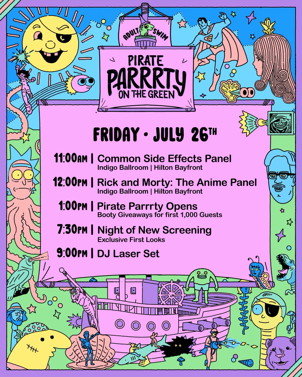 adultswim's tweet photo. Raise your flags. Adult Swim Pirate Parrrty at Comic-Con July 25-28 in San Diego CA #SDCC https://t.co/4NFdGfKmC8