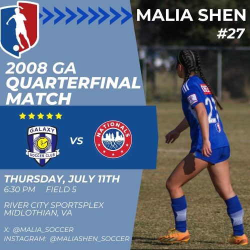 Malia Shen (@malia_soccer) on Twitter photo Here is our match details for the quarterfinals for the GA Finals this week! Super excited to compete
<a href="/GalaxySCIL/">Galaxy Soccer Club</a> <a href="/GAcademyLeague/">Girls Academy</a> <a href="/RedhawksGSoccer/">RedhawksGirlsSoccer</a> <a href="/imyouthghana/">Impact Youth Foundation</a> <a href="/PrepSoccer/">Prep Soccer ⚽️</a> <a href="/TopDrawerSoccer/">TopDrawerSoccer</a> Here is our match details for the quarterfinals for the GA Finals this week! Super excited to compete
<a href="/GalaxySCIL/">Galaxy Soccer Club</a> <a href="/GAcademyLeague/">Girls Academy</a> <a href="/RedhawksGSoccer/">RedhawksGirlsSoccer</a> <a href="/imyouthghana/">Impact Youth Foundation</a> <a href="/PrepSoccer/">Prep Soccer ⚽️</a> <a href="/TopDrawerSoccer/">TopDrawerSoccer</a>