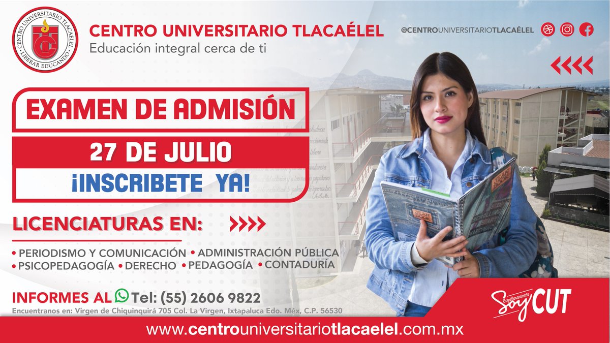 IxtaCUT's tweet photo. 📷 ¡No te quedes fuera! Realiza nuestro 𝗲𝘅𝗮𝗺𝗲𝗻 𝗱𝗲 𝗮𝗱𝗺𝗶𝘀𝗶𝗼́𝗻 𝗲𝘀𝘁𝗲 𝟮𝟳 𝗱𝗲 𝗷𝘂𝗹𝗶𝗼 y continua tu formación académica y profesional.

📷 Regístrate aquí: https://t.co/2eoRpZJaKZ

#Universidad
#Procesodeadmisión
#Ixtapaluca
#Jóvenes https://t.co/uXwCRg2g14