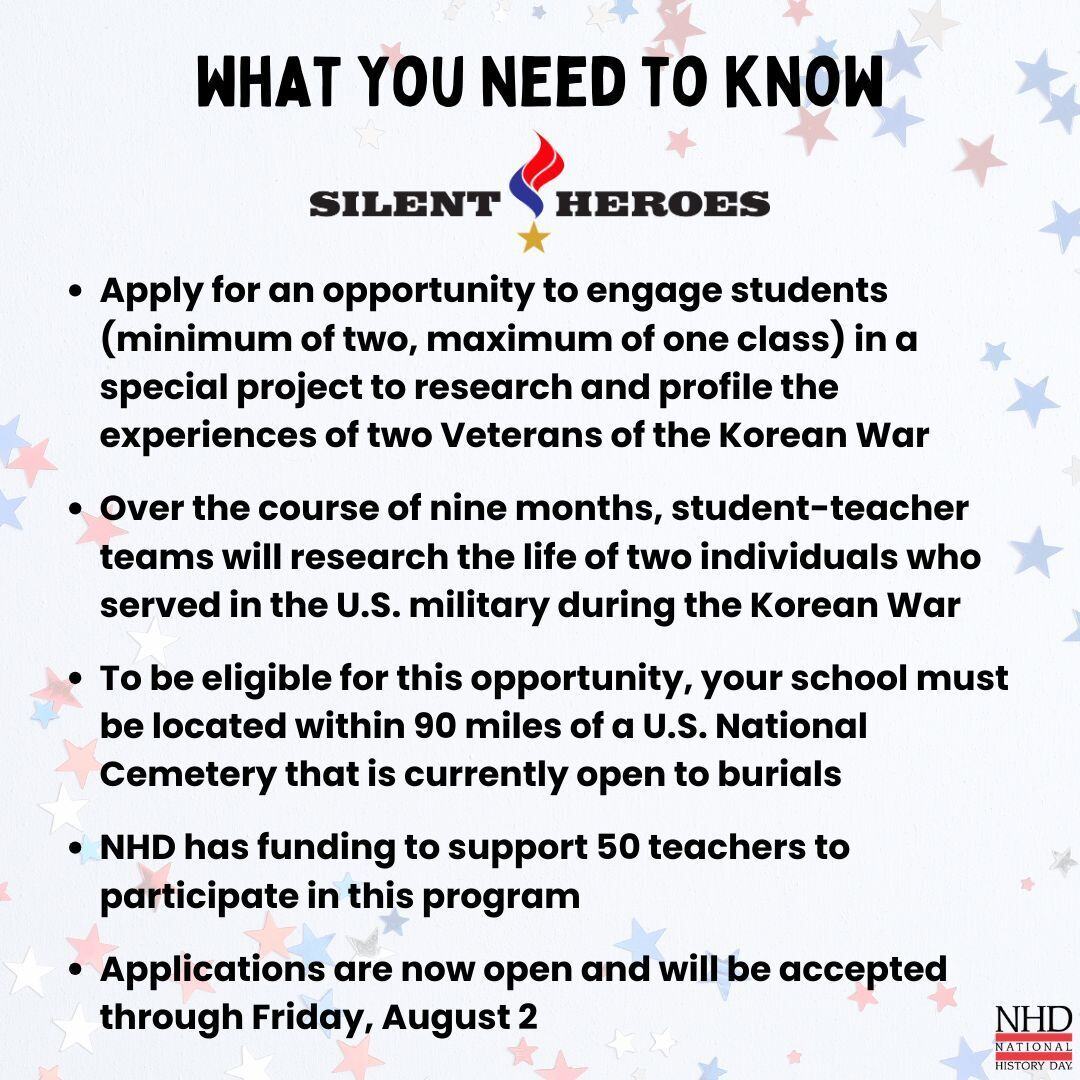 MNHistoryDay's tweet photo. TEACHERS! Apply by August 2 for @NationalHistory's new Silent Heroes program! This fall, 50 student-teacher teams will spend 9 months researching & creating profiles on Veterans of the Korean War. Visit https://t.co/QQ8lC5Klvq to learn more & apply. #nhd #nhd50 #mnhd2025 #mnhd https://t.co/ijshBmmhx7