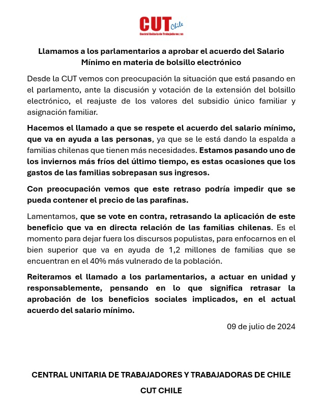 🔴Llamamos a los parlamentarios a aprobar el acuerdo del Salario Mínimo en materia de bolsillo electrónico. 
<a href="/Fenpruss/">Confederación Fenpruss</a> <a href="/ConfeComercio/">Confederación del Comercio y la Producción</a> <a href="/ConfeCobre/">Confederación de Trabajadores del Cobre #CTC</a> <a href="/Asemuchile/">Asemuch</a>  <a href="/FentessChile/">FENTESS</a>  <a href="/CONFENATS/">Confenats</a> <a href="/ajunjinacional/">AJUNJI NACIONAL</a>  <a href="/confemuch/">Confemuch</a> <a href="/fenafuch_uchile/">Fenafuch</a> <a href="/FENAFUECH/">Fenafuech Chile</a> <a href="/FENATSNACIONAL/">FENATS NACIONAL</a> <a href="/fenatsunitaria/">FenatsUnitaria</a>