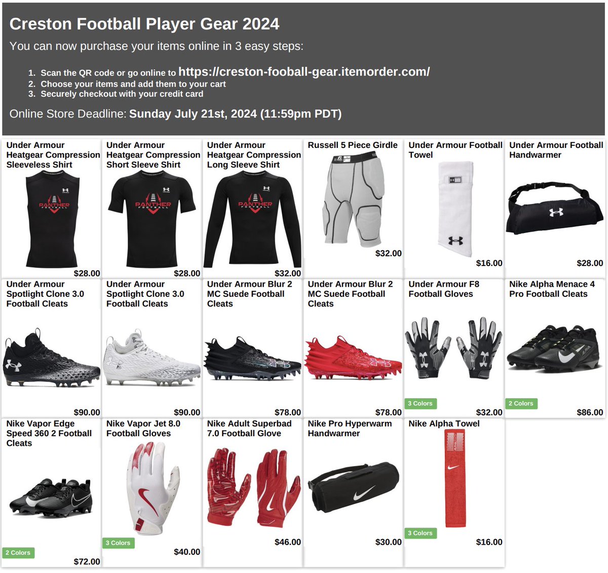Player Gear Store: creston-fooball-gear.itemorder.com/shop/home/ (creston-fooball-gear.itemorder.com/shop/home/)

Please note that this is different than our “Fan” store.  

Reminder: All cleats and gloves need to be school colors (Black, White, Red or Gray) and undershirts should be black.

Order Closes Sunday, July 21st.