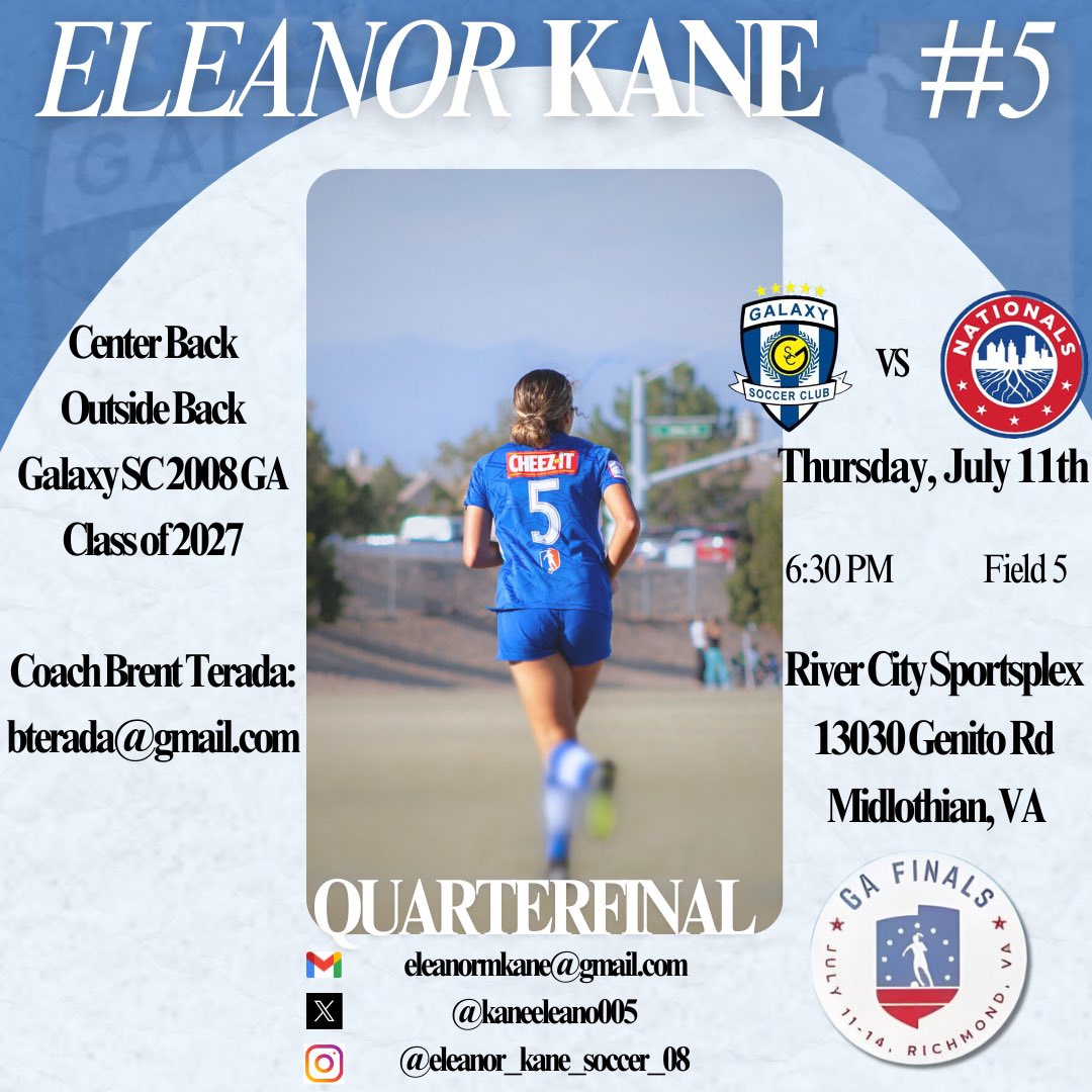Eleanor Kane 2027 #5 (@kaneeleano005) on Twitter photo Only 2️⃣ more days until Girls Academy Finals!
📍River City Sportsplex
⏱️Times, dates, and locations below
✈️Game times in EDT
<a href="/ImYouthSoccer/">ECNL/GA/Recruiting/College Soccer</a> <a href="/GalaxySCIL/">Galaxy Soccer Club</a> <a href="/TopDrawerSoccer/">TopDrawerSoccer</a> <a href="/TheSoccerWire/">SoccerWire</a> <a href="/GAcademyLeague/">Girls Academy</a> <a href="/RedhawksGSoccer/">RedhawksGirlsSoccer</a> Only 2️⃣ more days until Girls Academy Finals!
📍River City Sportsplex
⏱️Times, dates, and locations below
✈️Game times in EDT
<a href="/ImYouthSoccer/">ECNL/GA/Recruiting/College Soccer</a> <a href="/GalaxySCIL/">Galaxy Soccer Club</a> <a href="/TopDrawerSoccer/">TopDrawerSoccer</a> <a href="/TheSoccerWire/">SoccerWire</a> <a href="/GAcademyLeague/">Girls Academy</a> <a href="/RedhawksGSoccer/">RedhawksGirlsSoccer</a>