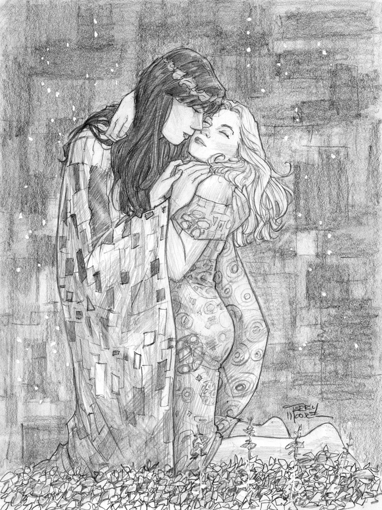 M00NLIGHTSTUDI0's tweet photo. @TerryMooreArt's version of "The Kiss" by Gustav Klimt version 1&2 featuring #Katchoo and #Francine from #StrangersInParadise https://t.co/CL4el3An7z