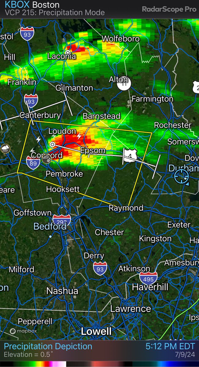 Heads up Durham, NH. Big cell headed east from Concord containing heavy downpours, lightning, poss hail and gusty conditions. Arrival time between 5:50pm and 6pm. #NHwx