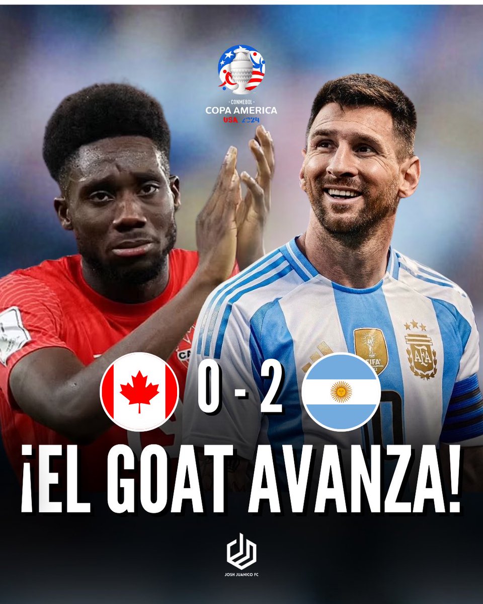 JoshJuanico's tweet photo. ¡¡Los Albicelestes pasan a la Final!!  🇦🇷 🏆⚽️Gol de Julián Álvarez Segundo tiempo Gol gracias al desvío por los tachones de Messi metiendo el esférico a la red. El equipo rojo se despide de la Copa América, el partido quedó  
Argentina 2-0 Canadá #CopaAmerica2024 #joshjuanico https://t.co/QCRpmMZJQY