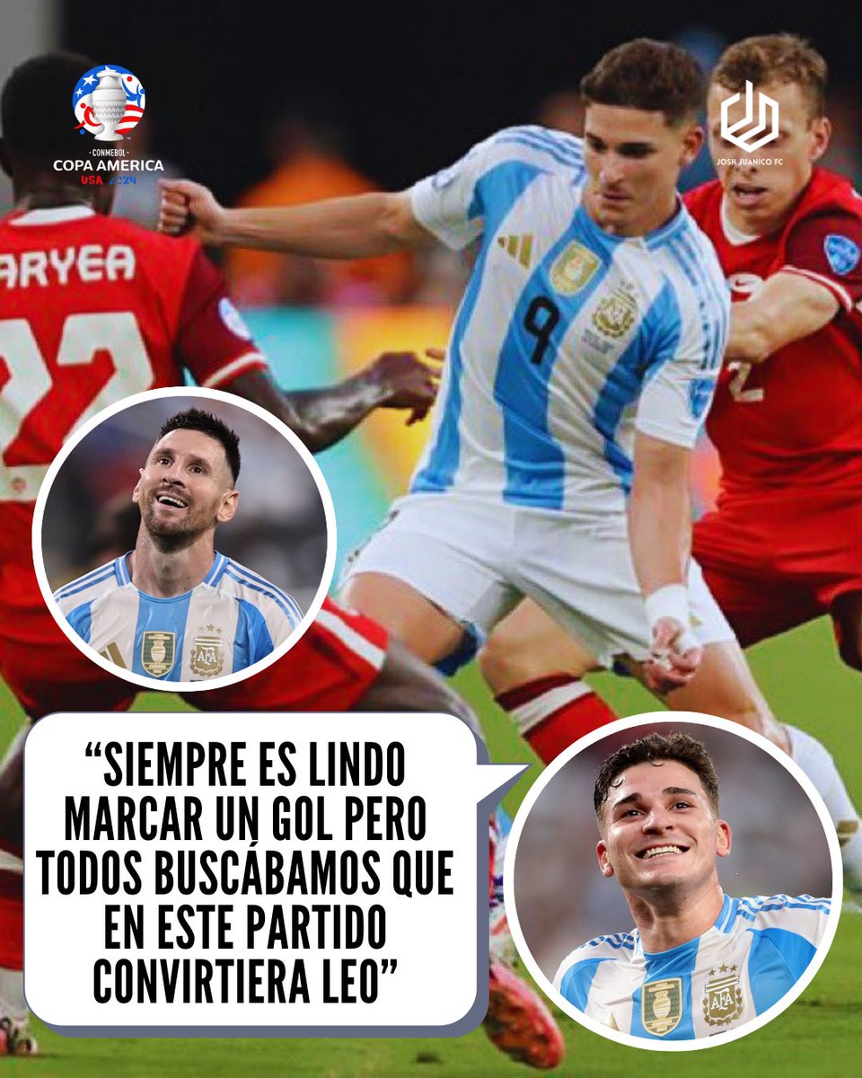 JoshJuanico's tweet photo. ¡¡Los Albicelestes pasan a la Final!!  🇦🇷 🏆⚽️Gol de Julián Álvarez Segundo tiempo Gol gracias al desvío por los tachones de Messi metiendo el esférico a la red. El equipo rojo se despide de la Copa América, el partido quedó  
Argentina 2-0 Canadá #CopaAmerica2024 #joshjuanico https://t.co/QCRpmMZJQY