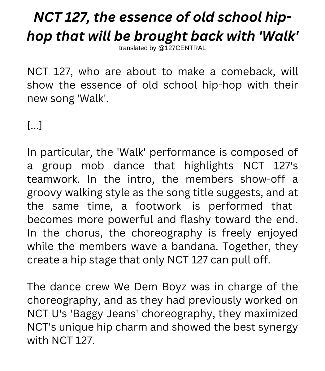 127CENTRAL's tweet photo. 240710 [PRESS] #NCT127, the essence of old school hip-hop that will be brought back with 'Walk'

"In the intro, the members show-off a groovy walking style [...]. In the chorus, the choreography is freely enjoyed [...]. Together, they create a hip stage that only NCT ​​127 can pull off."

@NCTsmtown_127