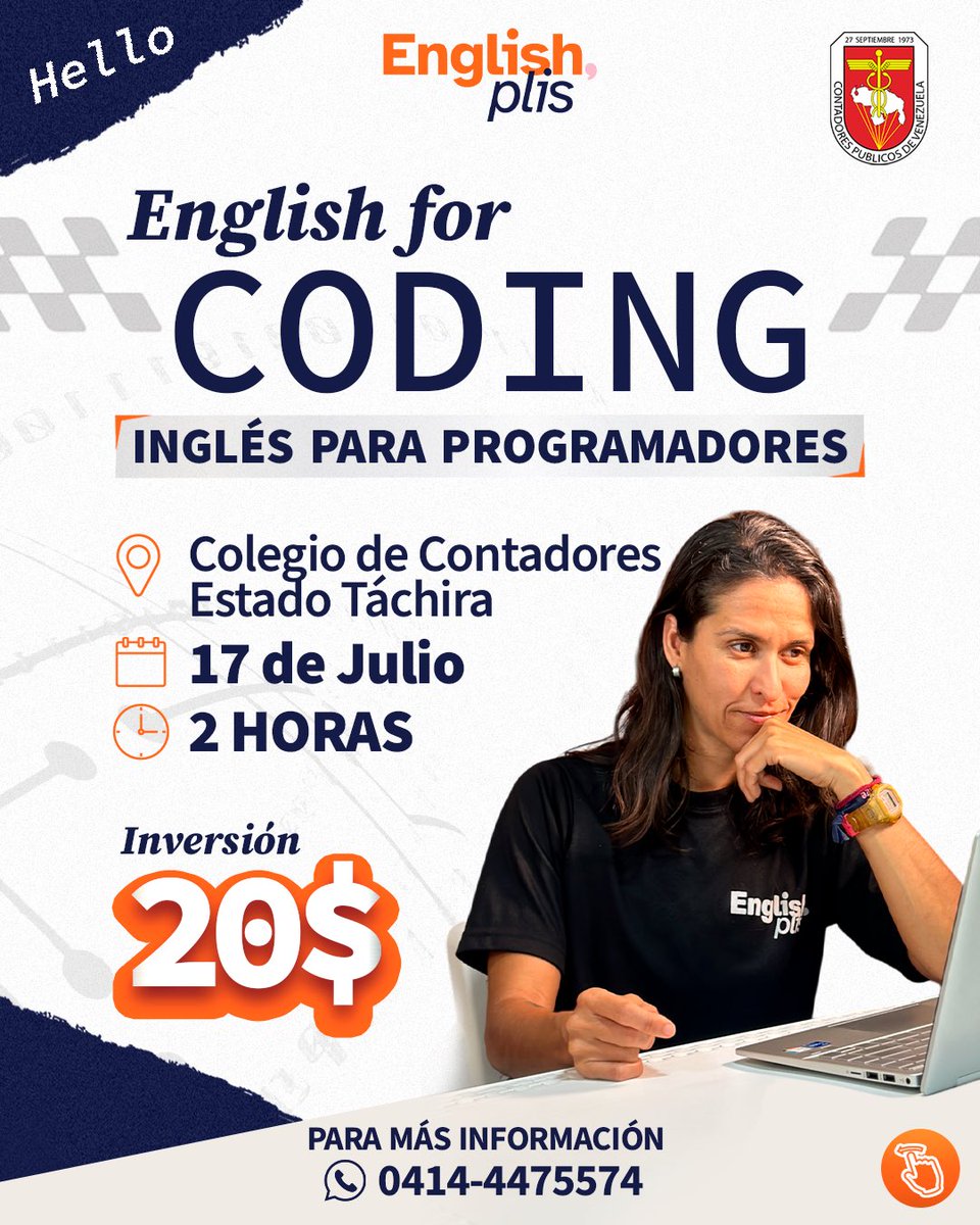 EnglishPlis's tweet photo. ¿Eres programador y quieres llevar tu carrera al siguiente nivel? 🤯

¡English for Coding es para ti!🚨

Miércoles 17 de Julio en el colegio de Contadores del Estado Táchira 

Aprende vocabulario y estructuras gramaticales específicas en INGLÉS para la programación.
#sancristobal https://t.co/fuNO2xTu3j