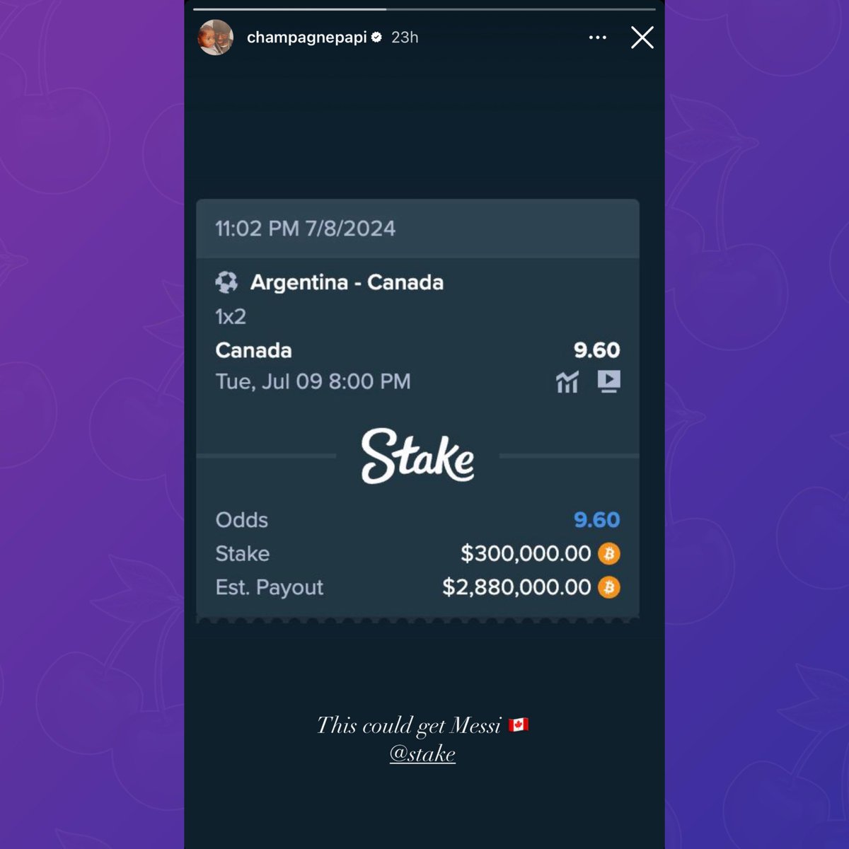 Drake has lost his $300k bet after Argentina beats Canada in Copa America.