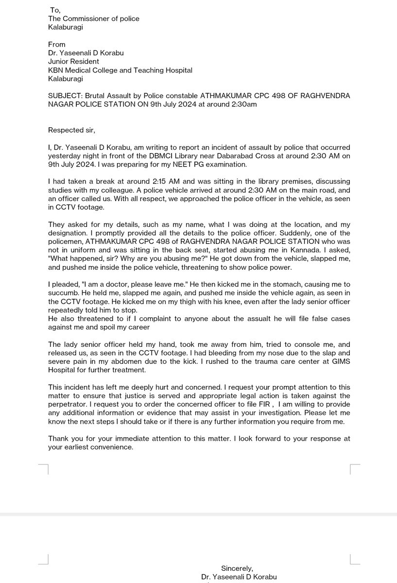 Dear <a href="/Chethan_R/">Chethan R IPS</a> Sir, A PG-NEET aspirant, #DrYaseen was brutally beaten by PC-Athma Kumar (CPC-498) from RG Nagar PS <a href="/KlbCityPolice/">Kalaburagi City Police</a> for stepping out of the library at midnight for a nature call. Will this disturb law &amp; order? Please take action against Atmakumar
TQ

<a href="/PriyankKharge/">Priyank Kharge / ಪ್ರಿಯಾಂಕ್ ಖರ್ಗೆ</a>