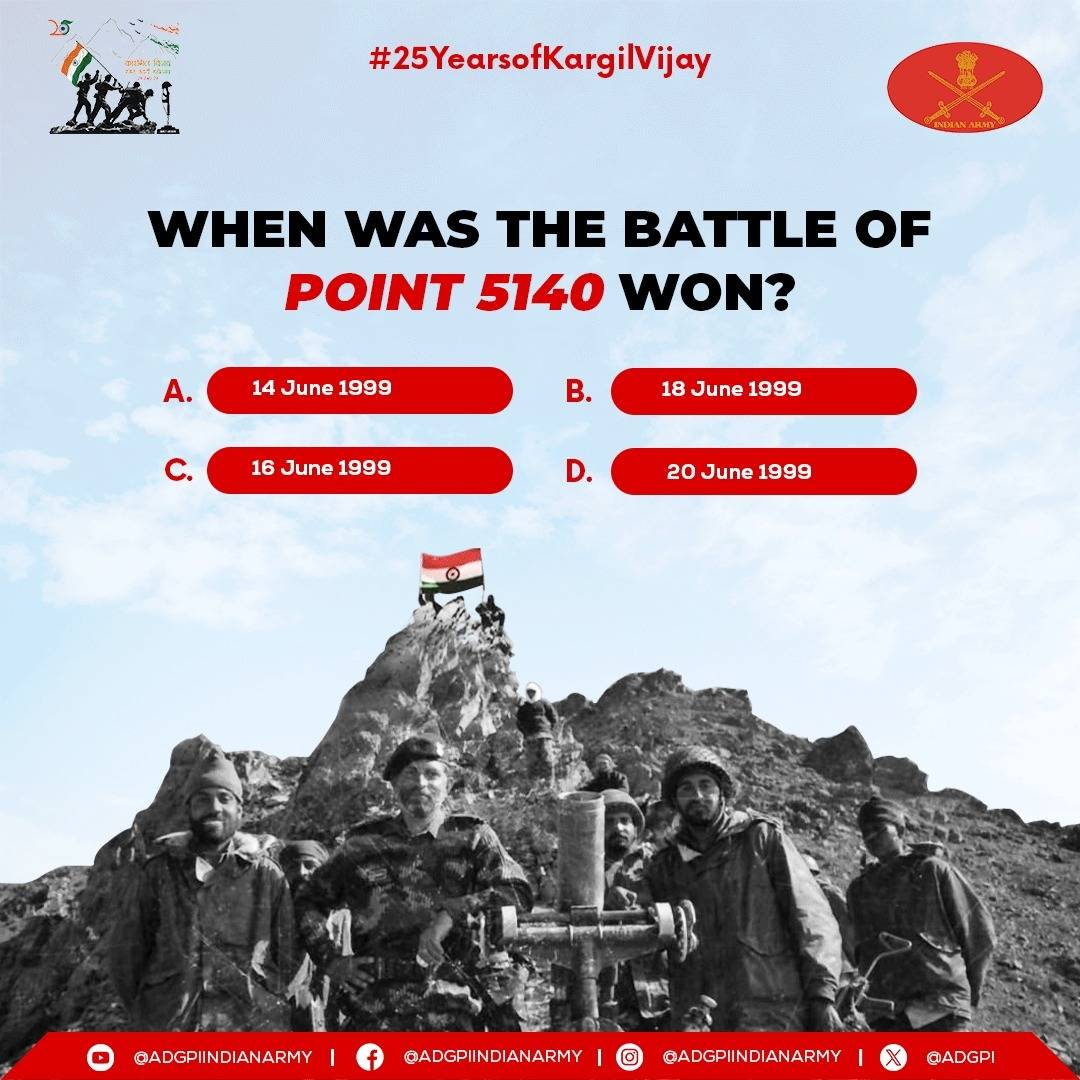 #25YearsofKargilVijay
#KVDRajatJayanti
#Quiz!!

Let us test our awareness regarding Kargil War. 

#KVD2024
#IndianArmy