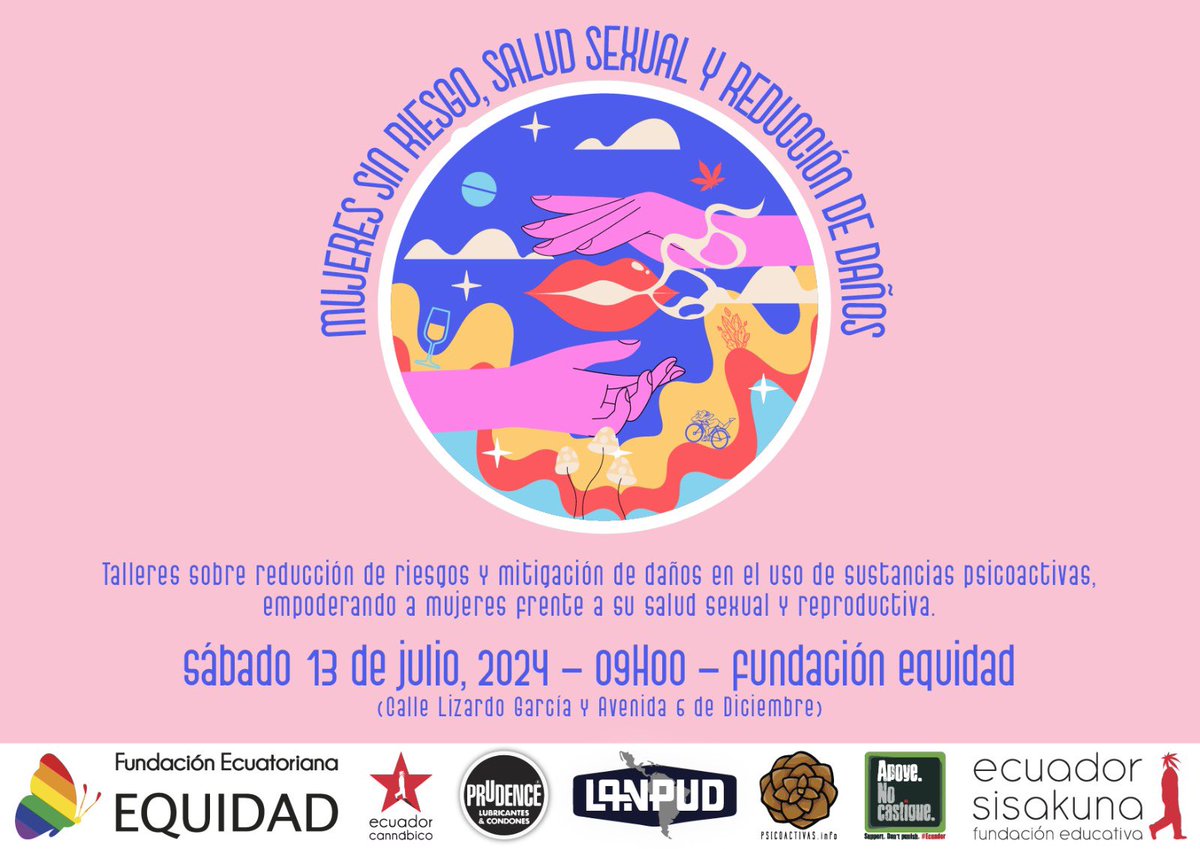 CannabicoEc's tweet photo. ¡¡MUJERES SIN RIESGO!!
💪✨
Ven a la jornada de talleres el 13 de julio a las 9 AM en Fundación Equidad @FEquidad (6 de Diciembre y Lizardo García)
🤝
Aprenderemos sobre reducción de riesgos, salud sexual y cómo apoyarnos entre todas, todos y todes.
💜
#ApoyaNoCastigue https://t.co/Fxxju0Q03K