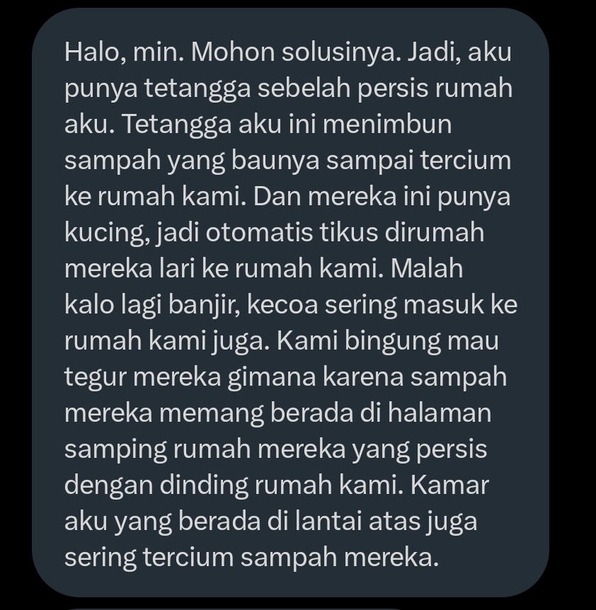 SeputarTetangga's tweet photo. Tempat sampah selayaknya ada di posisi yg tidak menggangu both side. Yg punya rumah gak keganggu, tetangga jg gak keganggu baik itu soal bau, hewan2 yg ngikuti sampah, dan lain-lain.

Kalau kalian tempat sampahnya (yg diangkut) taro di mana? Kebanyakan di depan rumah kan ya? https://t.co/8o8NYZYFR1