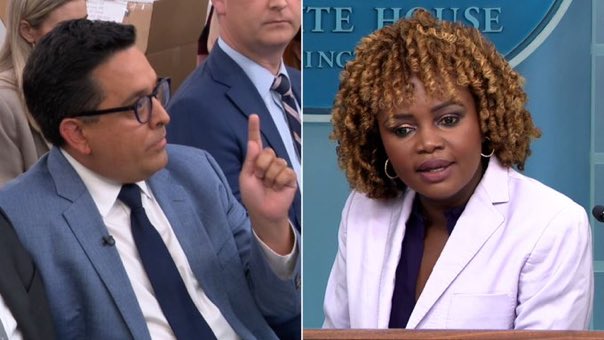 LovelyMsNet's tweet photo. Ed O’Keefe’s unprofessional behavior yesterday to @PressSec, he wasn’t man enough today to apologize to Karine. That white racist PoS💩 @edokeefe acted as if Karine being a black press secretary isn’t due respect. #FireEd @CBSNews @Lawrence https://t.co/spw8Uhv0lJ