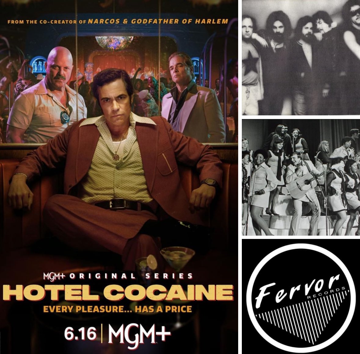 FervorRecords's tweet image. The new #MGMplus period drama “Hotel Cocaine” premiered June 16th. In Ep. 104 are 2 period classics from the vaults of #FervorRecords including The Romeos’ “Daddy Daddy” and #UpWithPeople’s rendition of the Holiday classic “Do You Hear What I Hear.” Stream “#HotelCocaine” on MGM+