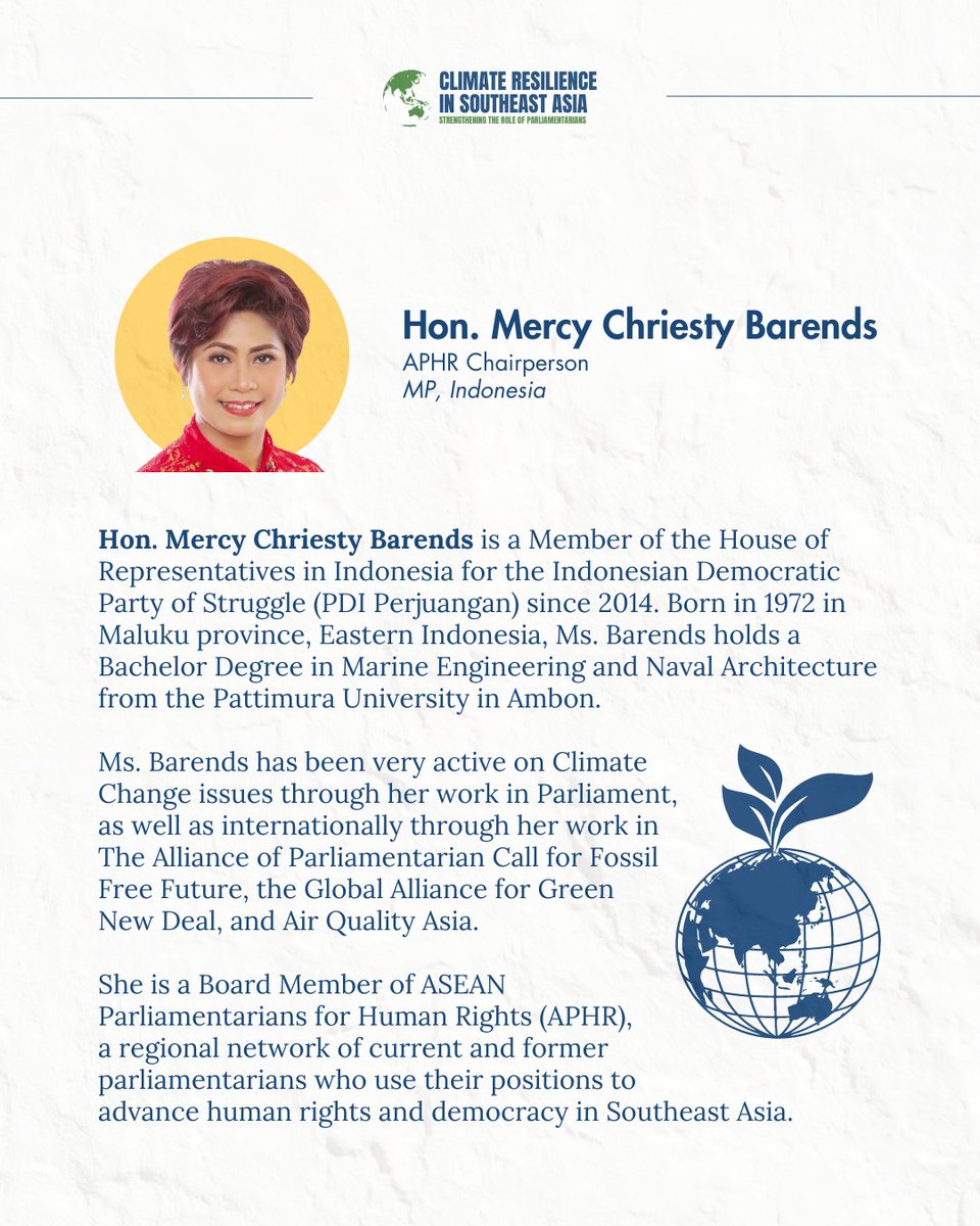 Hon. Mercy Chriesty Barends is a Member of <a href="/DPR_RI/">DPR RI</a>  for the <a href="/PDI_Perjuangan/">PDI Perjuangan</a>  since 2014. She has been very active on Climate Change issues through her work in The Alliance of Parliamentarian Call for Fossil Free Future and Air Quality Asia.