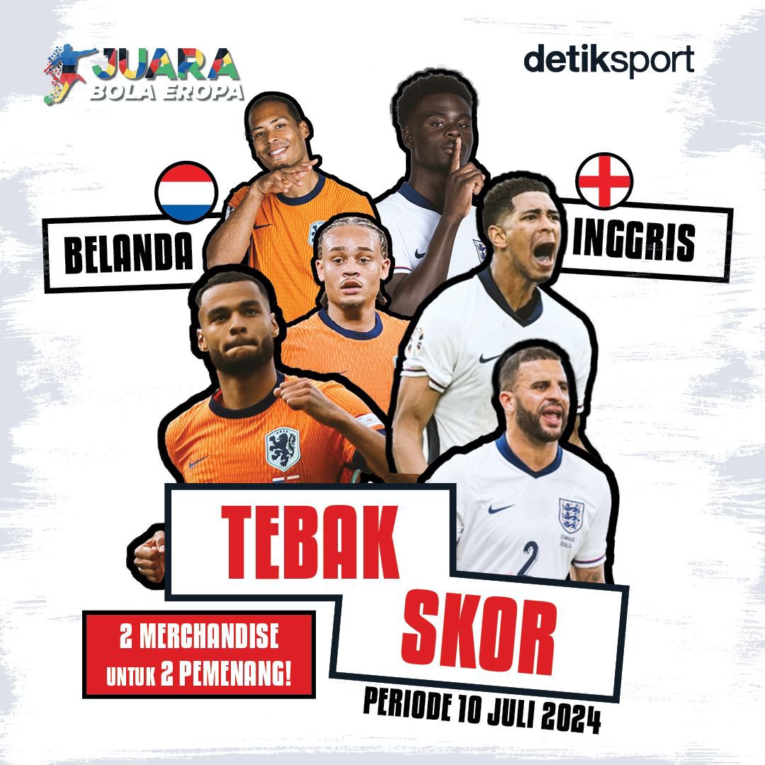 detiksport's tweet photo. ‼️ 𝐃𝐄𝐓𝐈𝐊𝐒𝐏𝐎𝐑𝐓 𝐁𝐀𝐆𝐈-𝐁𝐀𝐆𝐈 𝐇𝐀𝐃𝐈𝐀𝐇 ‼️

Kira-kira siapa ya pemenang pertandingan Belanda vs Inggris di semifinal Piala Eropa 2024? 🤔

Eits, daripada cuma asal tebak, mending ikutan tebak skor di @detiksport. Ada 2 merchandise keren untuk 2 pemenang, lho! 🤩
⁣
Caranya gampang kok!⁣ 👇
⁣
1. Follow twitter @detiksport .⁣
2. Like dan repost postingan ini.
3. Tulis jawabanmu di kolom komentar dan mention 2 teman kamu untuk ikutan. Jangan lupa gunakan hashtag #JuaraBolaEropa dan #detiksport juga ya!⁣
4. Terakhir jangan sampai akun kamu dikunci ya, detikers!⁣
⁣
Jawabannya ditunggu malam ini sebelum kick-off ya, detikers!⁣ ⏳
⁣
#detiksport #JuaraBolaEropa #NETENG #TebakSkor
