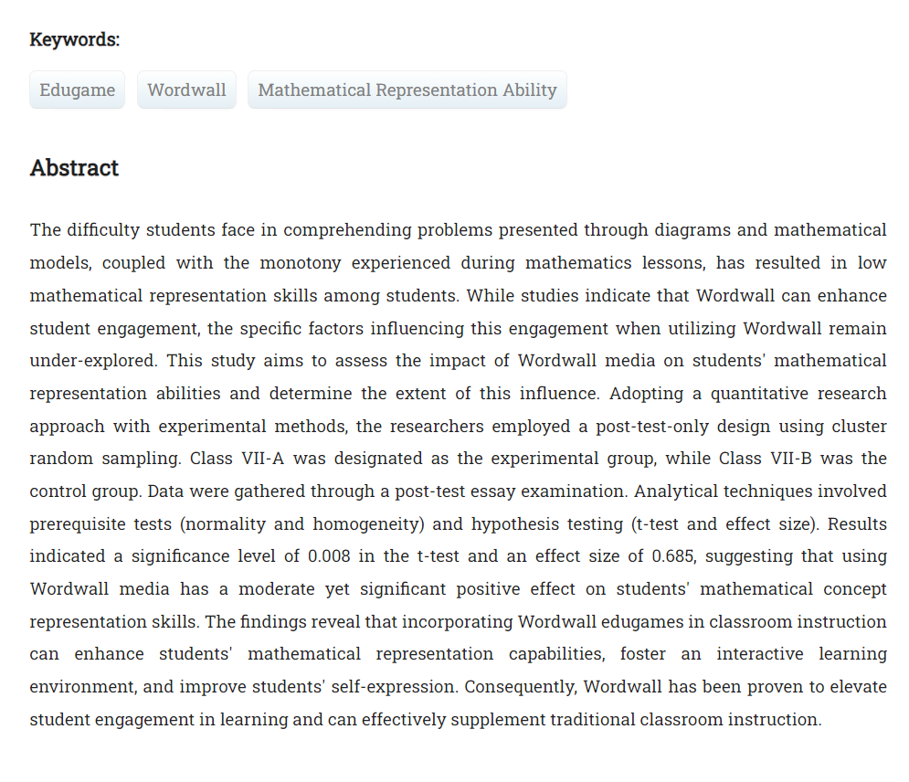 varidikaJournal's tweet photo. Salsabila, Alna, dan Ayu Tsurayya. “The Effect of Using #Edugame #Wordwall on Students’ Mathematical Representation Ability.” Jurnal #VARIDIKA, Juli 2024, hlm. 64–78. https://t.co/m8BNz09jQi, https://t.co/bVLMy1SCJG. https://t.co/IELz4V0I9r