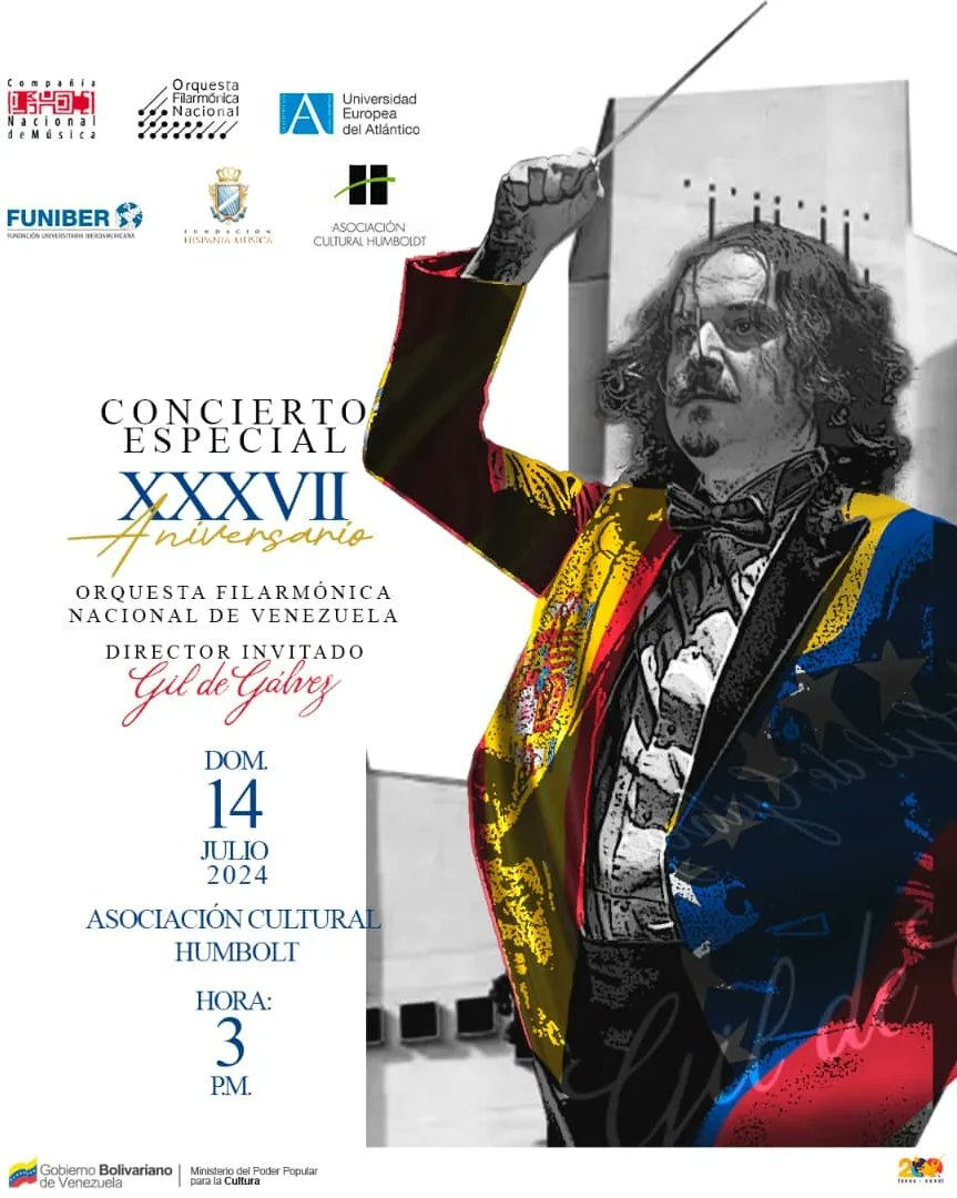 Este domingo 14 de julio, a las 3:00 p.m., el maestro, músico y director español, Gil de Gálvez dirigirá a la Orquesta Filarmónica Nacional de Venezuela (<a href="/Ven_Musica/">Fundación Compañía Nacional de Música</a>) en el contexto de los 37 años de trayectoria artística y musical de esta última. 🎶👏🏻

¡Imperdible! 🎊