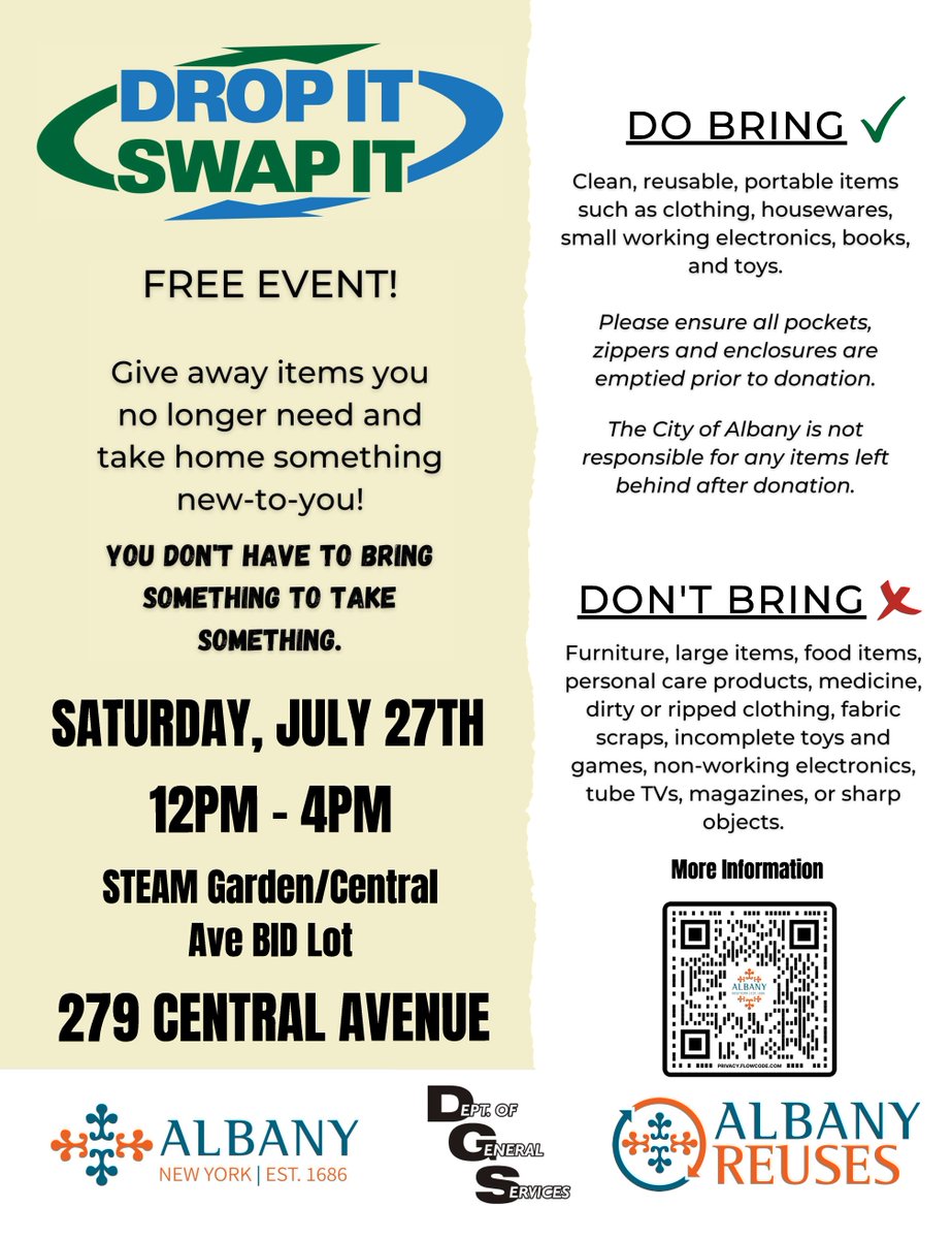 AlbanyCentral's tweet photo. Swap your old for new treasures at the Drop It Swap It event on July 27th. Clean out those closets and bring your items to 279 Central Avenue from 12 PM-4 PM!

https://t.co/ahMK3tZQVN https://t.co/uGDhUy1yhG