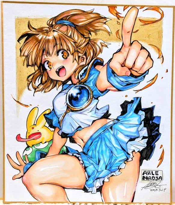 線画がよく描けてたアルルの色紙を塗りました背景のラメ入りゴールド実物かなりいい感じにキラキラでうれしい! 