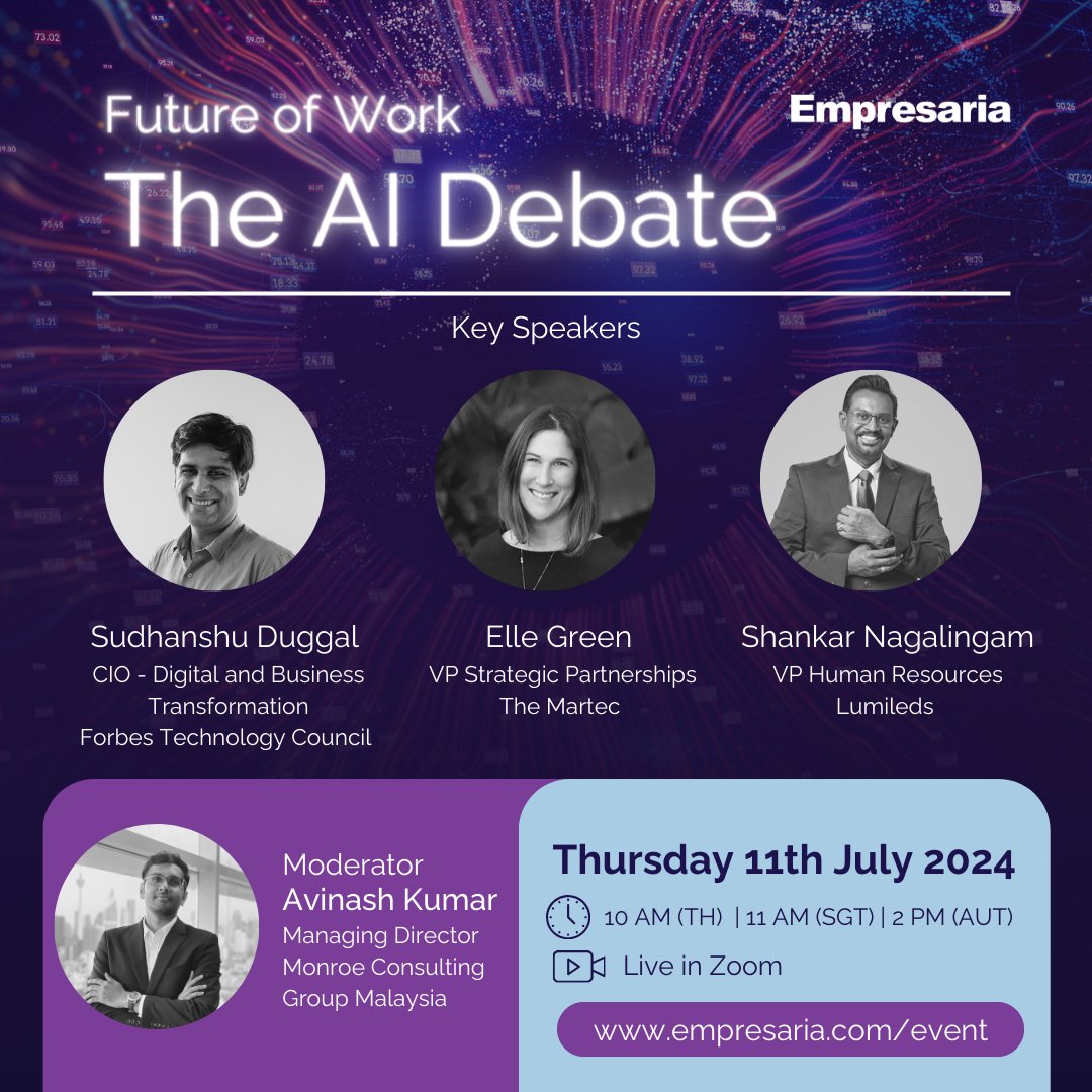 EmpresariaGroup's tweet photo. ⏰ Last chance to register! Don’t miss our webinar “The Future of Work: The AI Debate” tomorrow. Secure your spot today! https://t.co/bBsyigatRh  

#FutureOfWork #AI #Webinar #DigitalTransformation https://t.co/wUmD5vPKwn