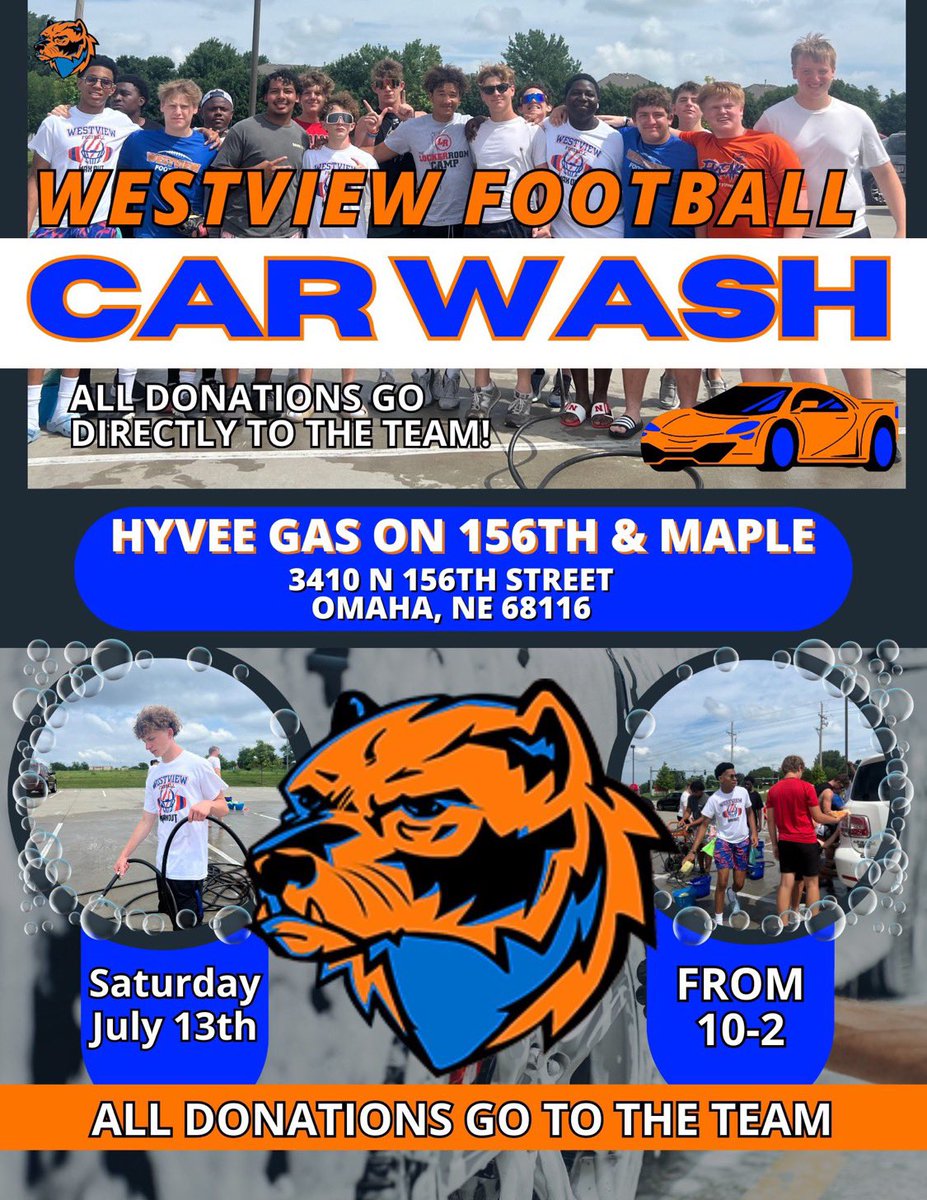 frankaphillips's tweet photo. Get your car washed by the hardest working team in the state! 🧽🫧💪🏈

This Saturday, @OPS_WestviewFB will be at the @HyVee Gas Station on 156th &amp; Maple from 10-2! Donations are accepted, and ALL proceeds go directly to the team. Let’s get your car all polished up! 🚙🫧 https://t.co/UV5QvbShd6