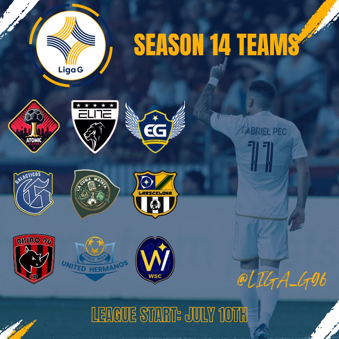 Liga_G96's tweet photo. HERE ARE YOU SEASON 14 PARTICIPANTS!!! THERE WILL BE A NEW CHAMPION CROWNED !! WHO WILL IT BE ?!?!?! 🔥🔥🔥🔥🔥🔥🔥🔥 Season 14 fixtures are out now! Check link in bio 🔥 https://t.co/tUMBIwZ5Vm