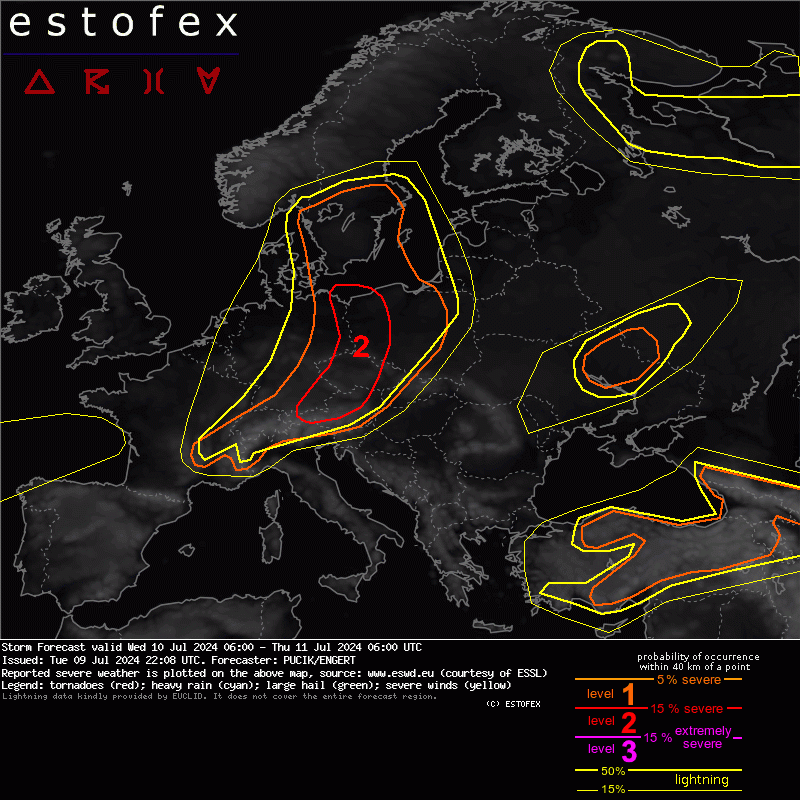 On Tuesday, severe weather shifts further E with the main threat being very heavy rainfall. Large hail and some downbursts will be likely as well. Read more at estofex.org