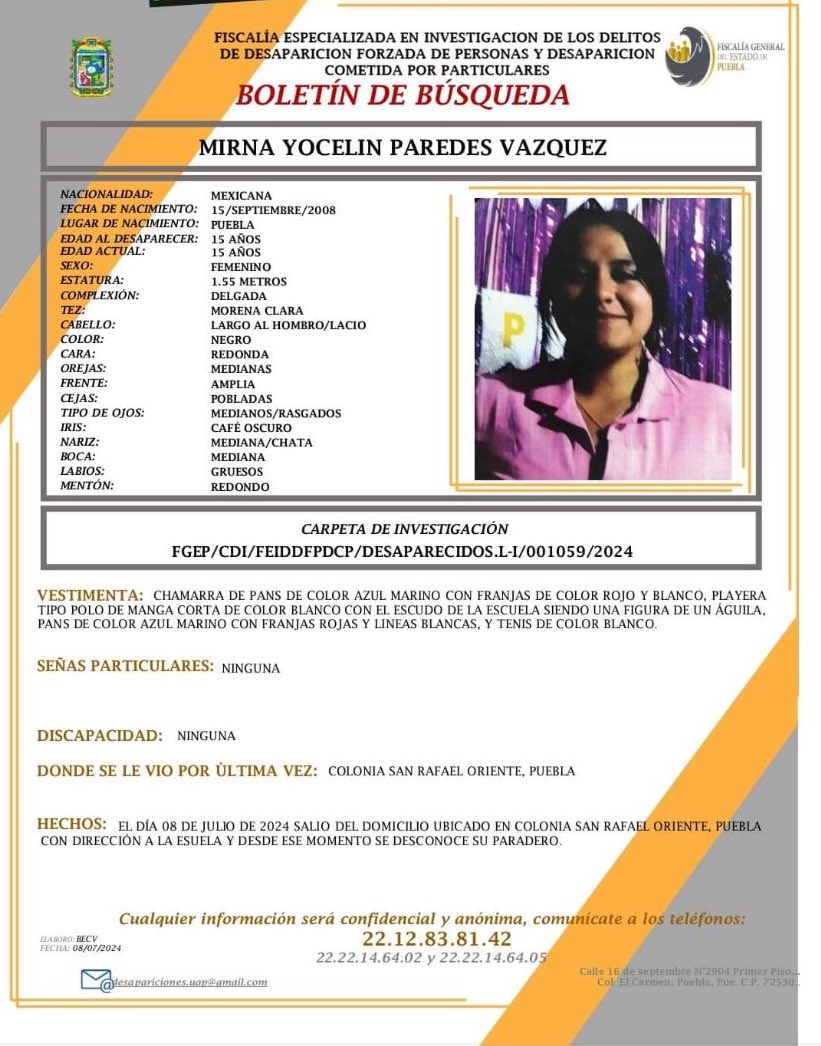 TelevisaPuebla's tweet photo. #AlertaAmber 📢 Ayuda para la localización de la adolescente Mirna Yocelin Paredes Vazquez, de 15 años de edad 🔎 

Fue vista por última vez en Colonia San Rafael Oriente, #Puebla 🔄 #CompartirTambiénAyuda https://t.co/vKulc3xfFo