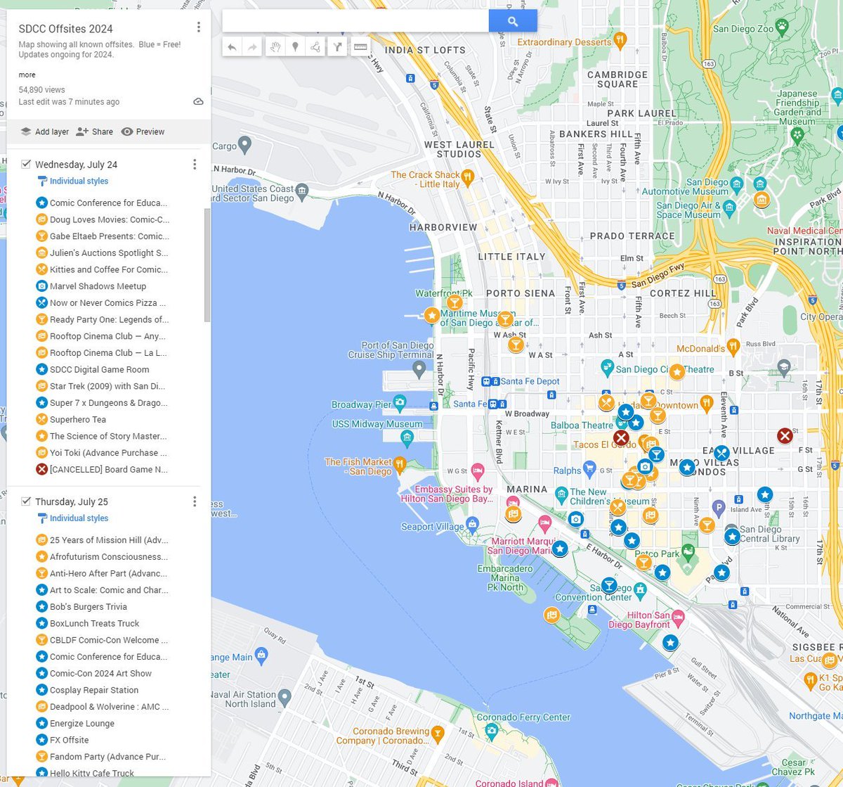 SDCCMapper's tweet image. #SDCC2024 off-site map has 120+ unique things to do from @SD_Comic_Con!   bit.ly/SDCC2024Map ANDROID USERS:  Load the "desktop version" of the map in Chrome for best view.  IPHONE USERS: Google is janky on iPhone w/ no workaround :(  Load in Chrome browser. #SDCC #SDCC24