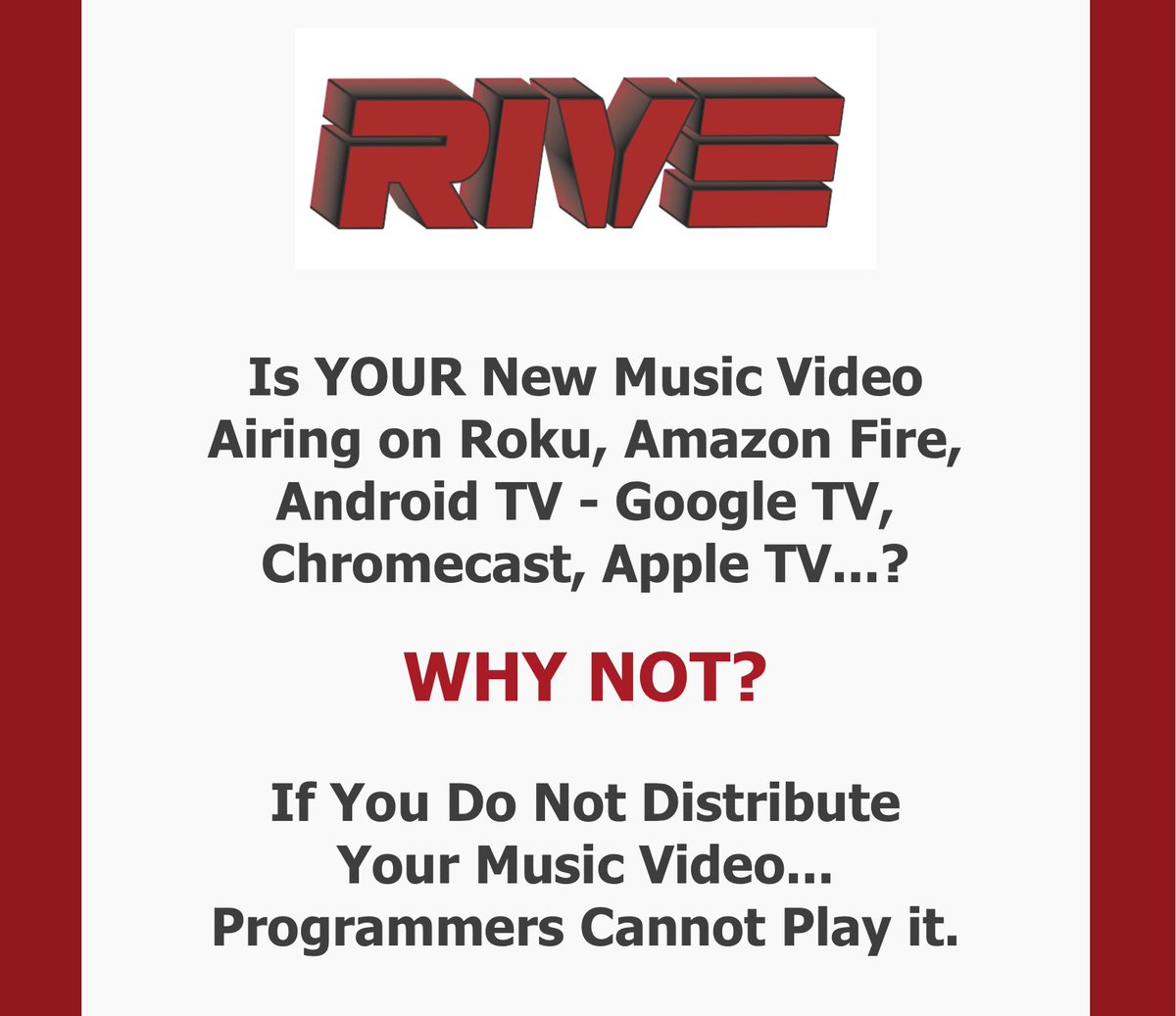 rivevideo's tweet photo. If you made a GREAT new Music Video, put time, energy, effort, and $ into making that video....
Distribute with Rive Video - BE SEEN!
Kim@rivevideo.com
#musicvideodistribution #musicvideosubmission #getairplay #musicvideopromo https://t.co/8jtAWFmUMG