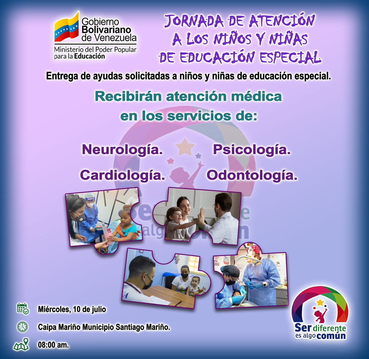 Jornada de Atención Médica a los Niños/as de Educación Especial. 

 ✅️IEE Aragua Mcpio Girardot 

✅️CPC Linares Alcántara Mcpio  Linares Alcántara

✅️Caipa Mariño Mcpio Mariño 

10 de Julio 8:00 am 
#VenezuelaEsPoesia 
<a href="/NicolasMaduro/">Nicolás Maduro</a> 
<a href="/_LaAvanzadora/">Yelitze Santaella</a> 
<a href="/Soykarinacarpio/">Karina Carpio</a>