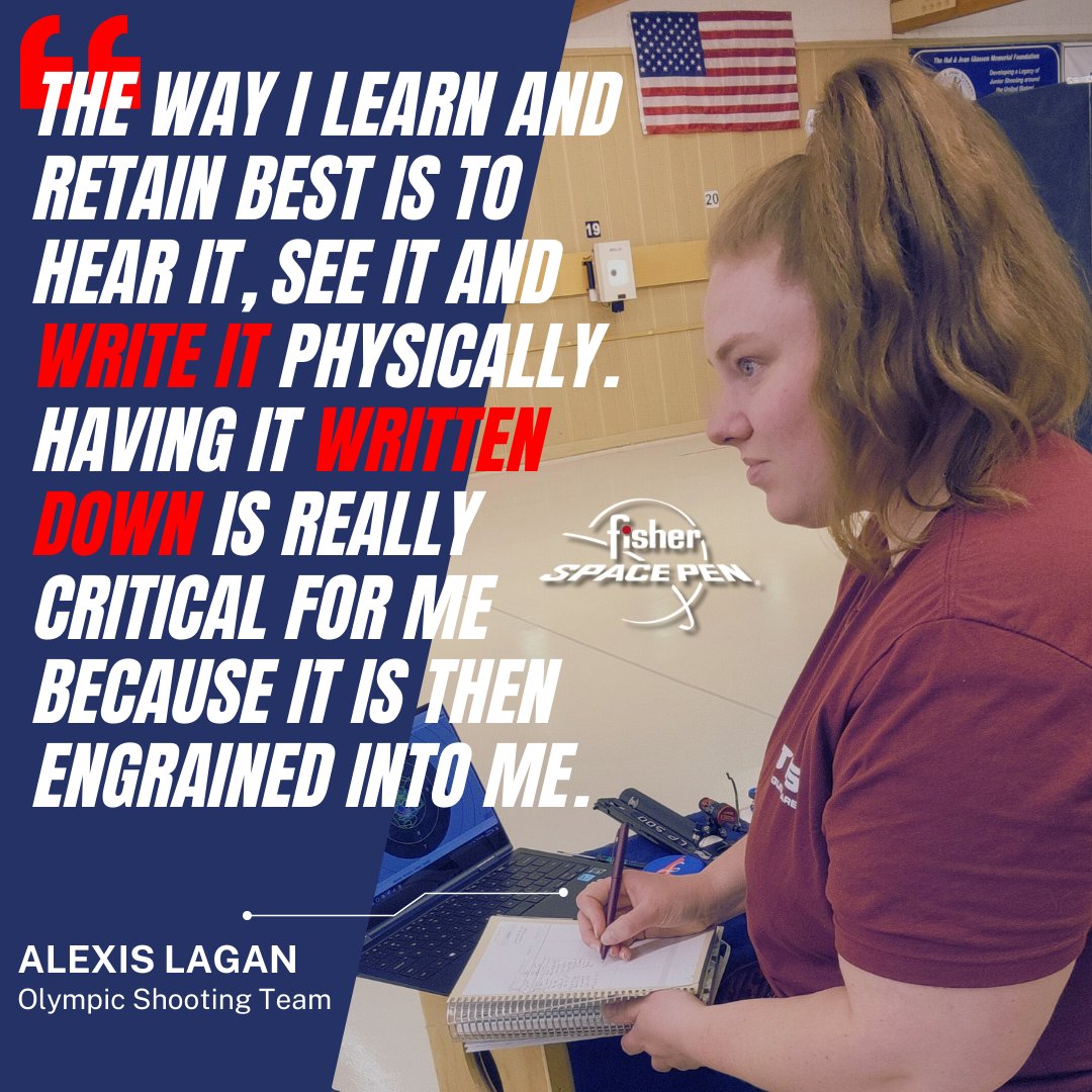 Olympic pistol shooter <a href="/Lagan1515/">Alexis Lagan</a> is a scientist &amp; her daily training routine is part of her meticulous scientific process. Her Fisher Space Pen is one tool she uses to stay on track &amp; one secret to her success as a 2X Olympian! She'll compete in <a href="/Paris2024/">Paris 2024</a> for <a href="/TeamUSA/">Team USA</a> on 7/27.
