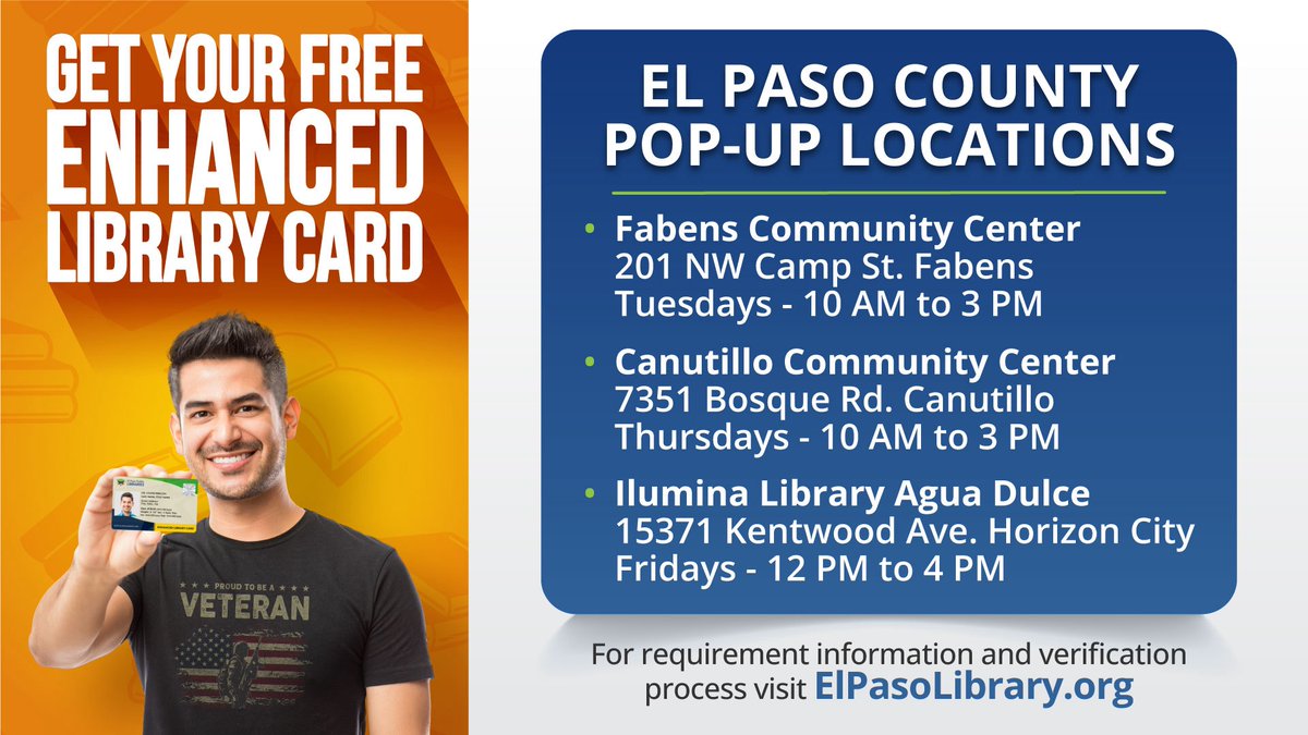 ElPasoTXGov's tweet photo. Get your enhanced library card at any one of these popup locations in El Paso County! #EnhancedLibraryCard https://t.co/dlhOfmlSzj