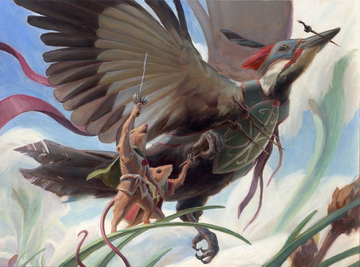 “Pileated Provisioner” from Bloomburrow, AD Zack Stella. Oil on board. 

Some heroic mouse soldiers gaining weapons.

Bloomburrow is super cool and I’m glad I was able to take part in it. This’ll hit the MTG art auction block as soon as the card itself gets spoiled.