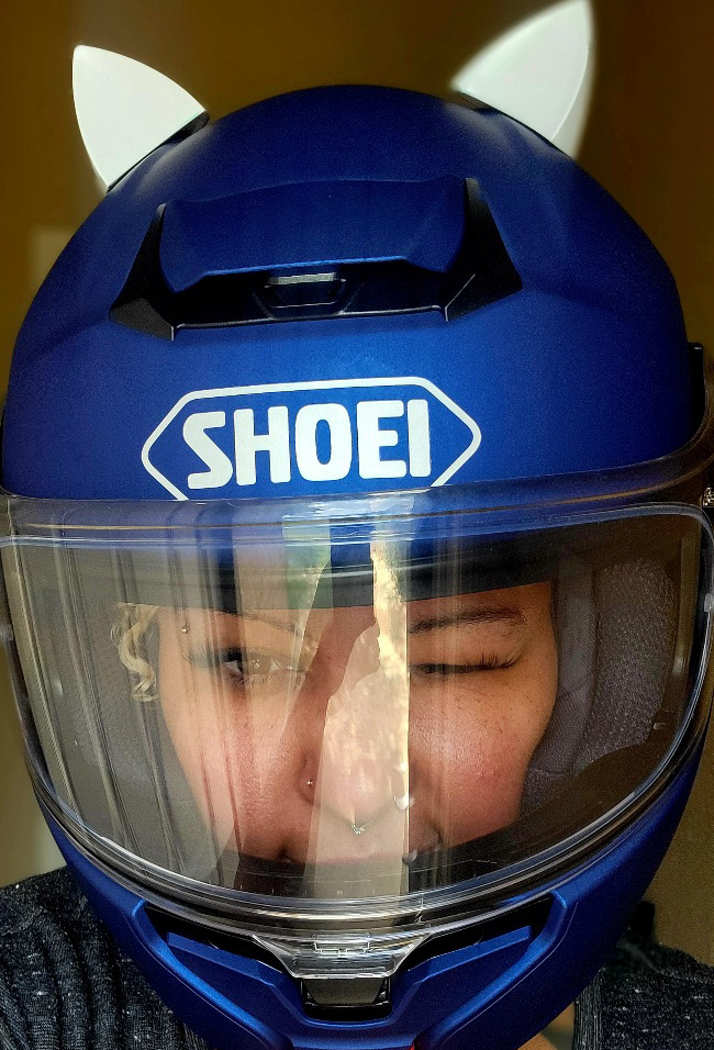 ChaoticDynamo's tweet photo. We knew the cat ears were going on the helmet, right? That's 60% of the reason I got my license😂😂😂 https://t.co/Ud2iYHNMuS
