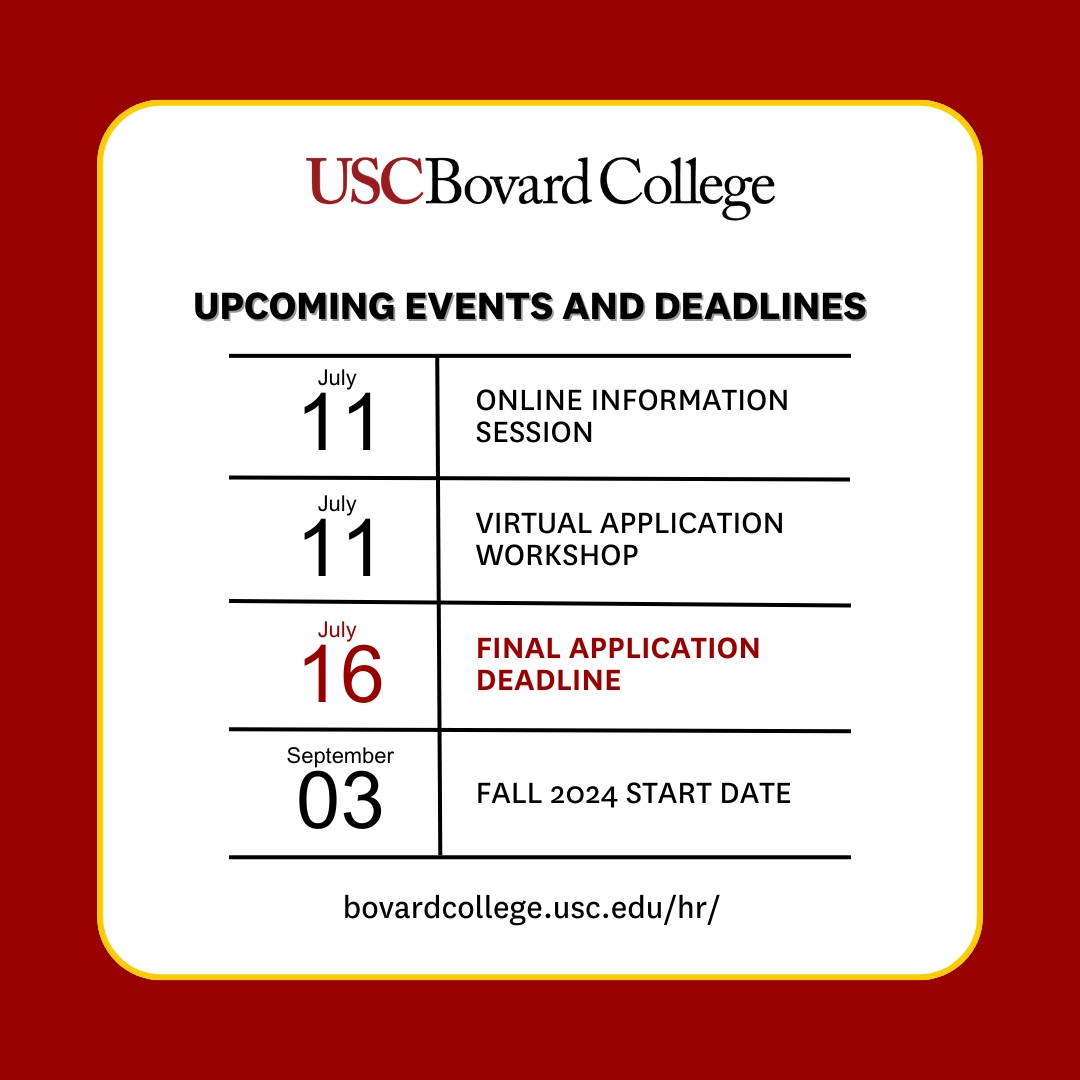 USC_MSHRM's tweet photo. The Final Application Deadline is approaching! Apply by July 16 to start your MS in Human Resource Management in September. https://t.co/G04W9vH1F8