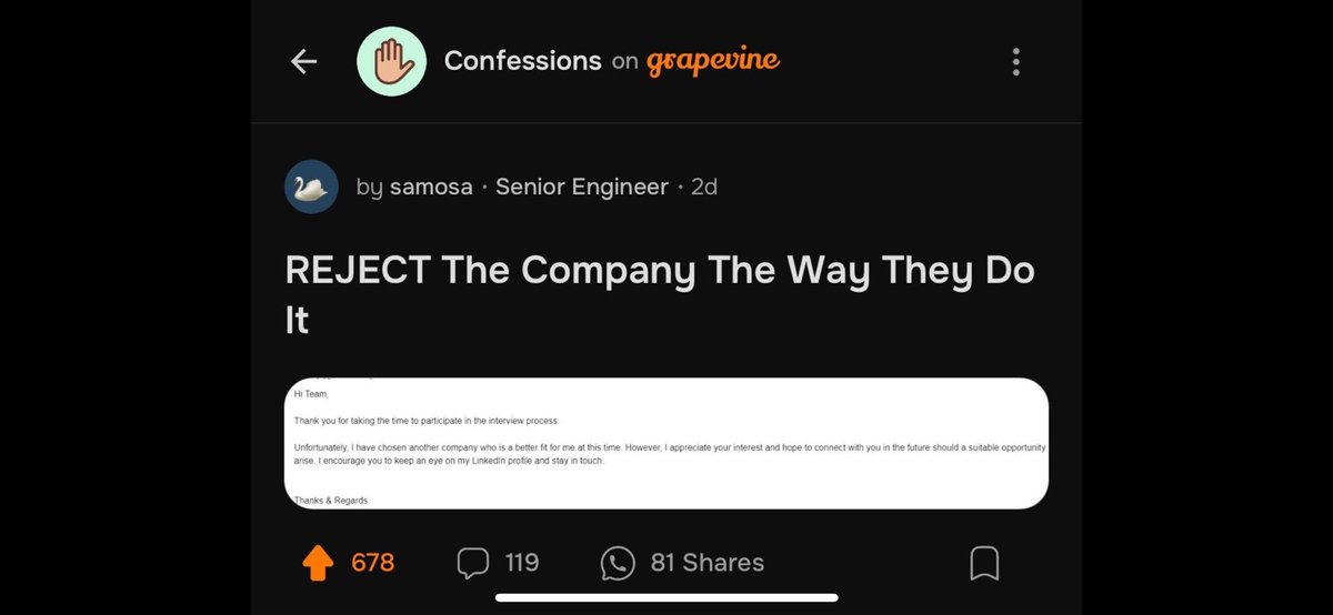 codewithnadeem's tweet image. Company reject karne ka tarika thoda casual hai 👇
A potential joiner rejected the company as he/she got another offer.
Zoom into the image and read.
#SoftwareEngineer #developer #DeveloperJobs #100DaysOfCode