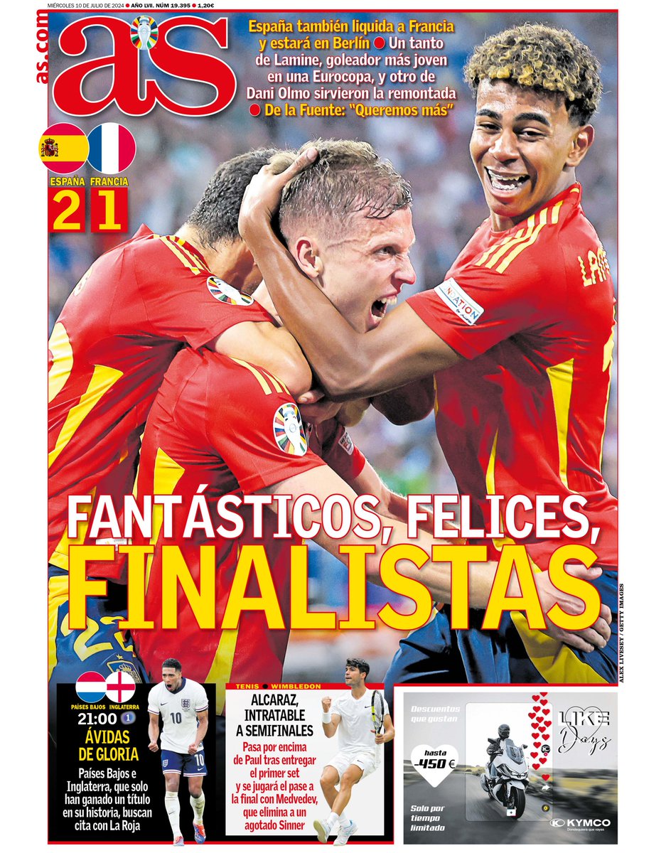Buenas, buenísimas, buenisísimas noches... 💤

✨ ¡Ya está aquí la #PortadAS de mañana, miércoles 10 de julio!

🇪🇸 FANTÁSTICOS, FELICES, 𝙁𝙄𝙉𝘼𝙇𝙄𝙎𝙏𝘼𝙎 🇪🇸

Suscríbete a AS ▶️ bit.ly/4aERWw1